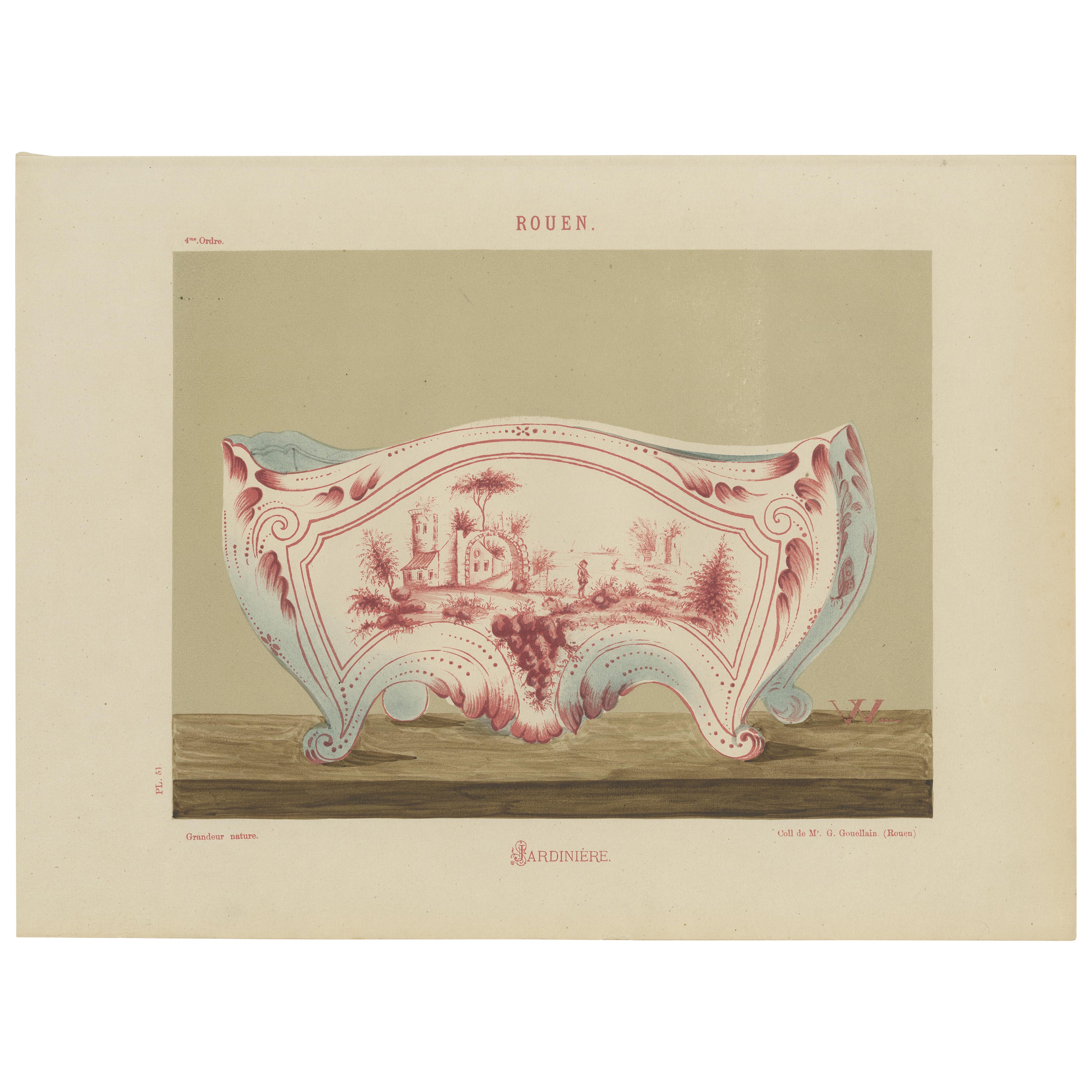 Rouen Jardinière in Ceramic: A Glimpse of Pastoral Serenity, 1874 For Sale
