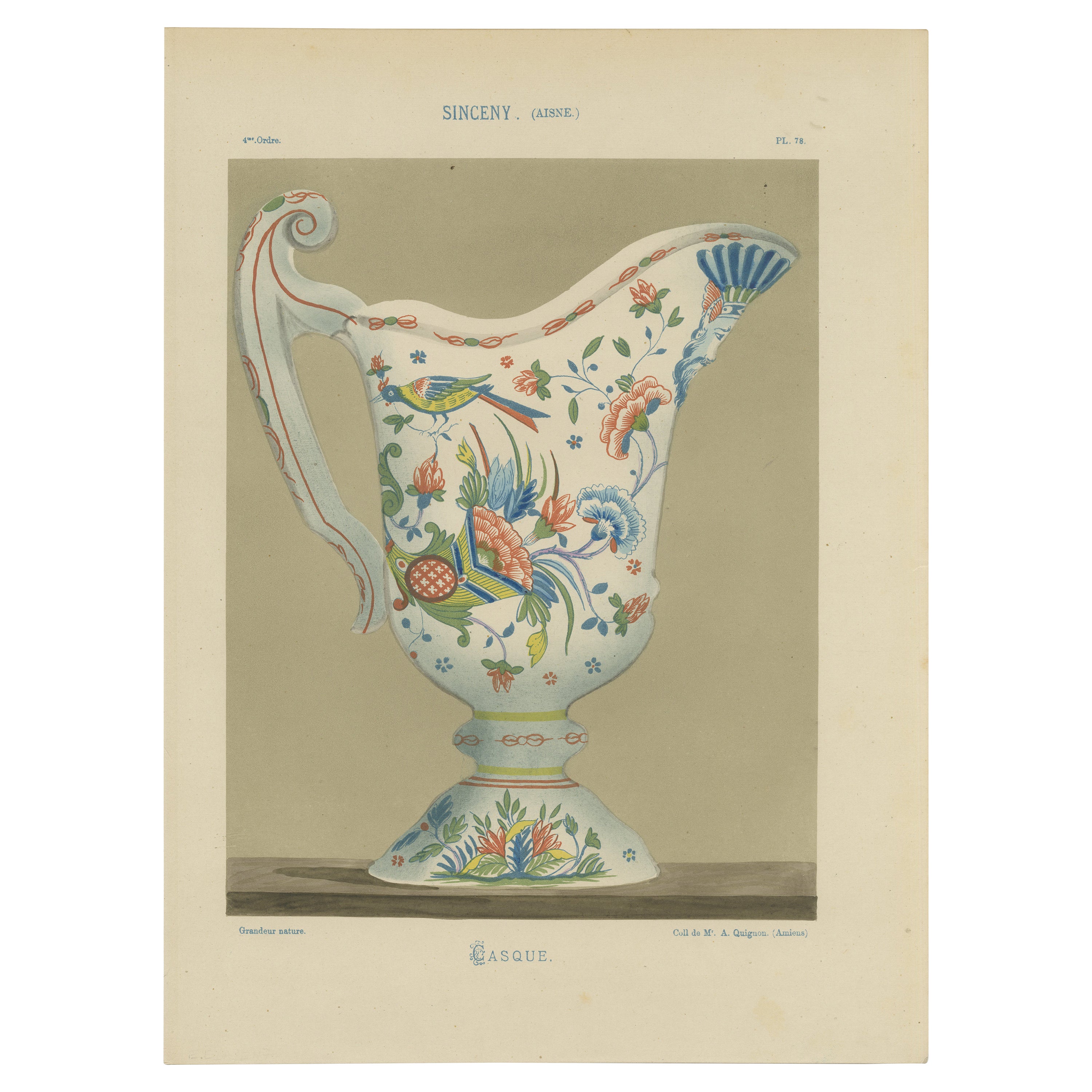 Avian Elegance: Sinceny Vase - A Chromolithograph Tribute, 1874 For Sale