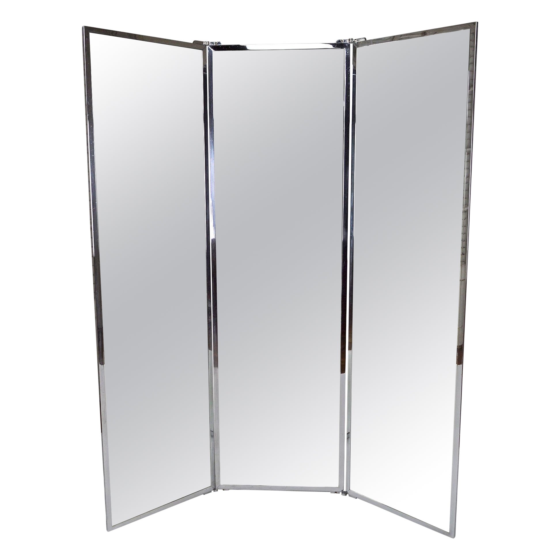 Triptych mirror covered in leather from Coco Chanel workshop, Art Deco, 1930's For Sale