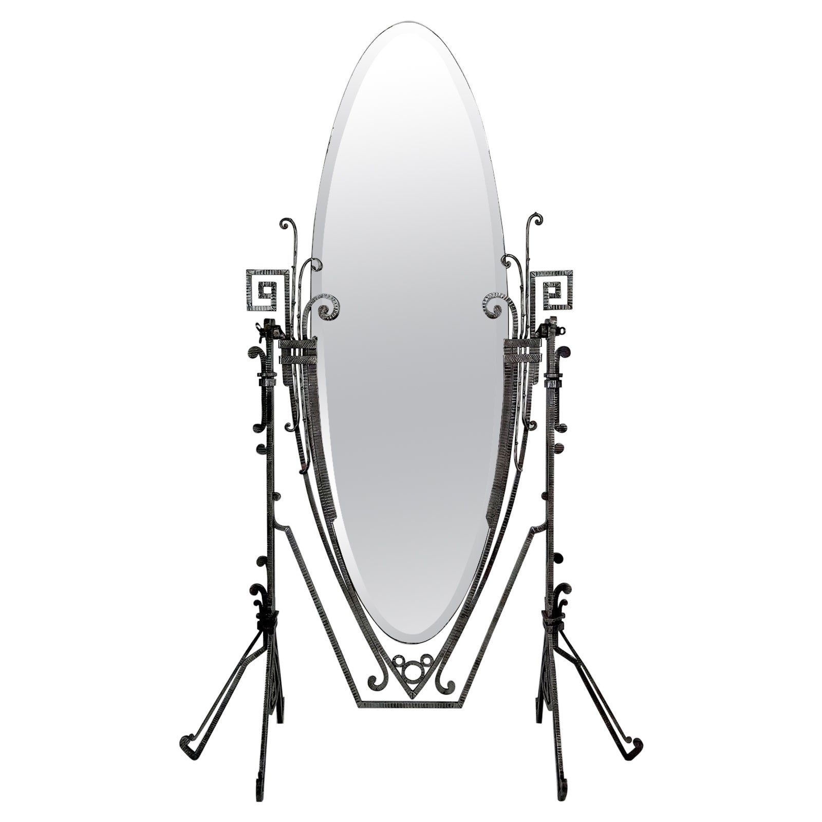 Important Art Deco psyche / cheval floor mirror in wrought iron, France, 1920's For Sale
