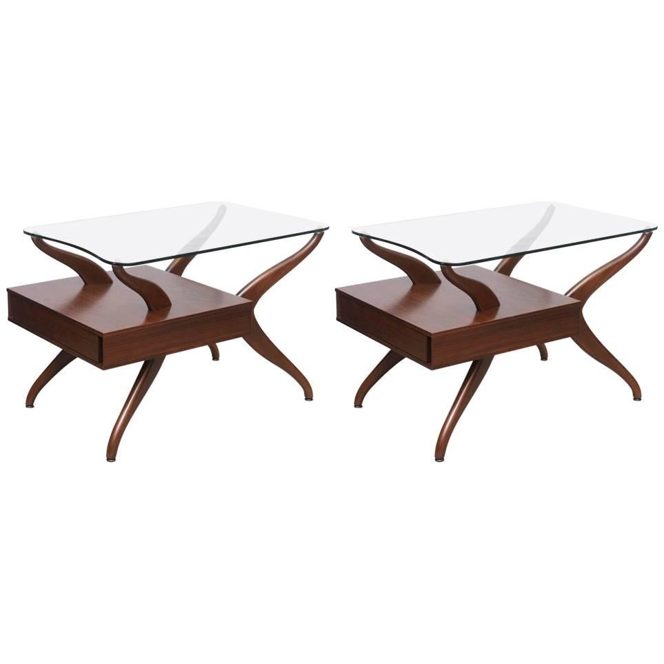Pair of End Tables in Glass and Walnut, 1950s, USA For Sale
