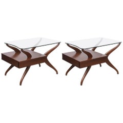 Retro Pair of End Tables in Glass and Walnut, 1950s, USA