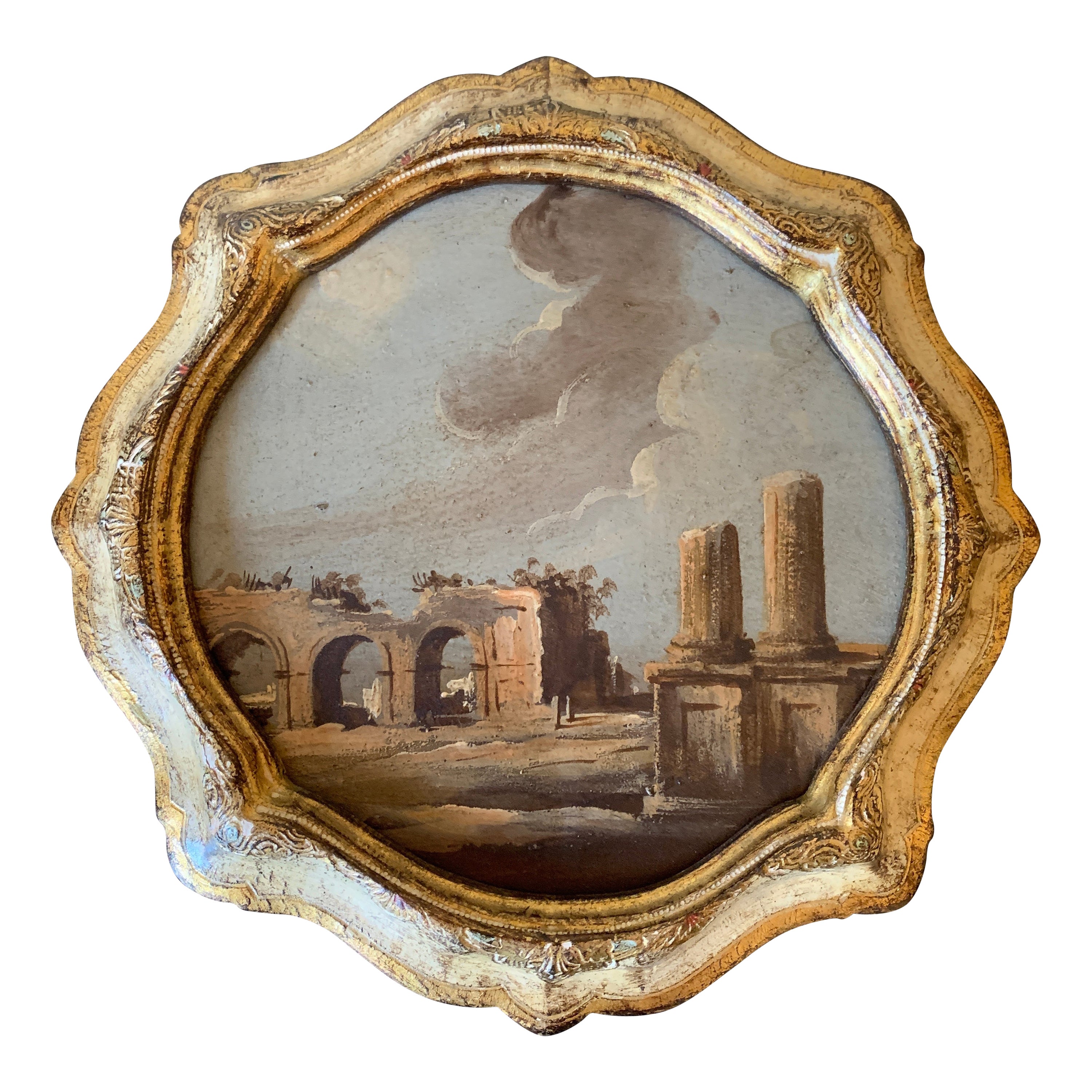 Huile sur toile italienne vintage encadrée Capriccio représentant un paysage avec des ruines en vente