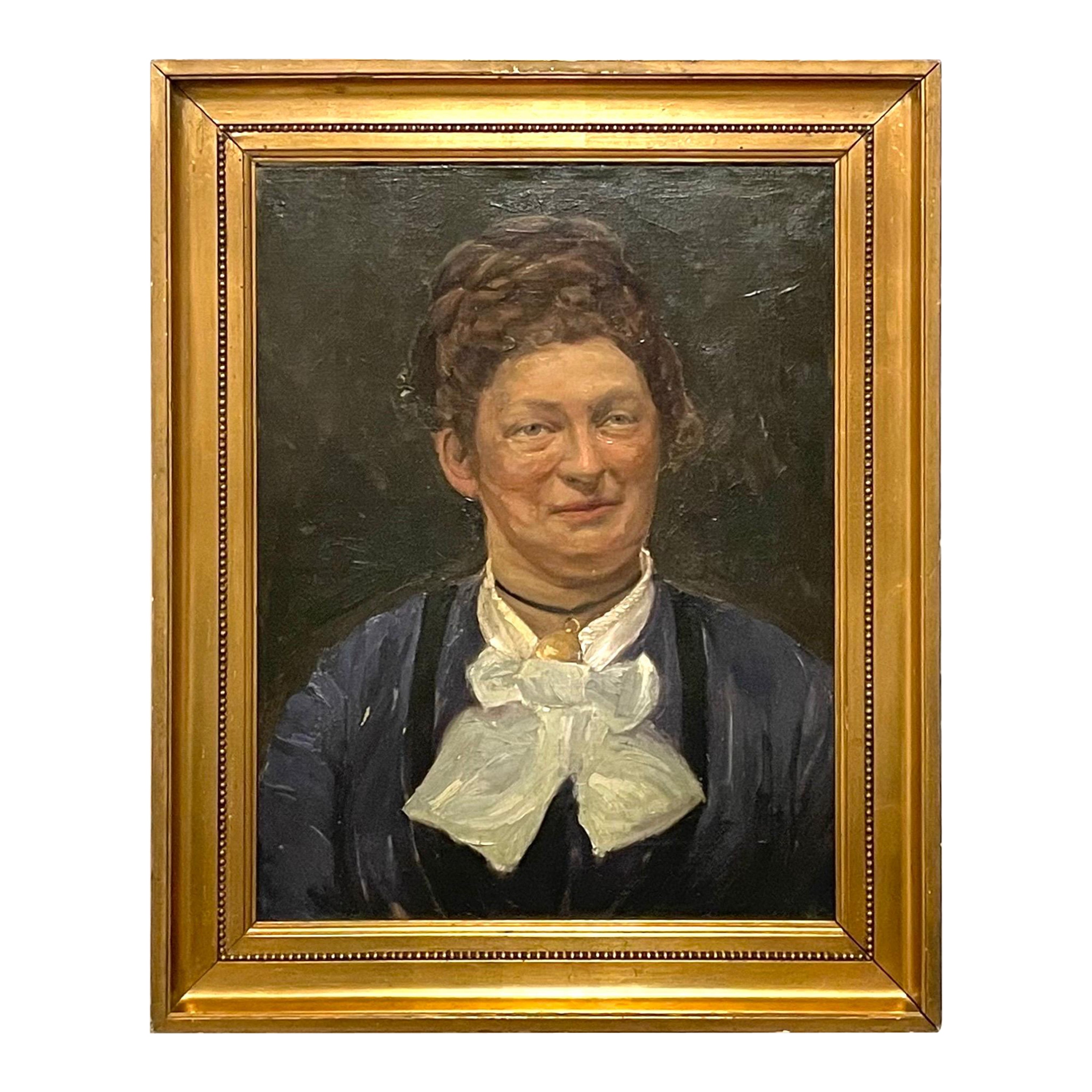 Grande huile sur toile originale danoise d'un portrait de femme en vente