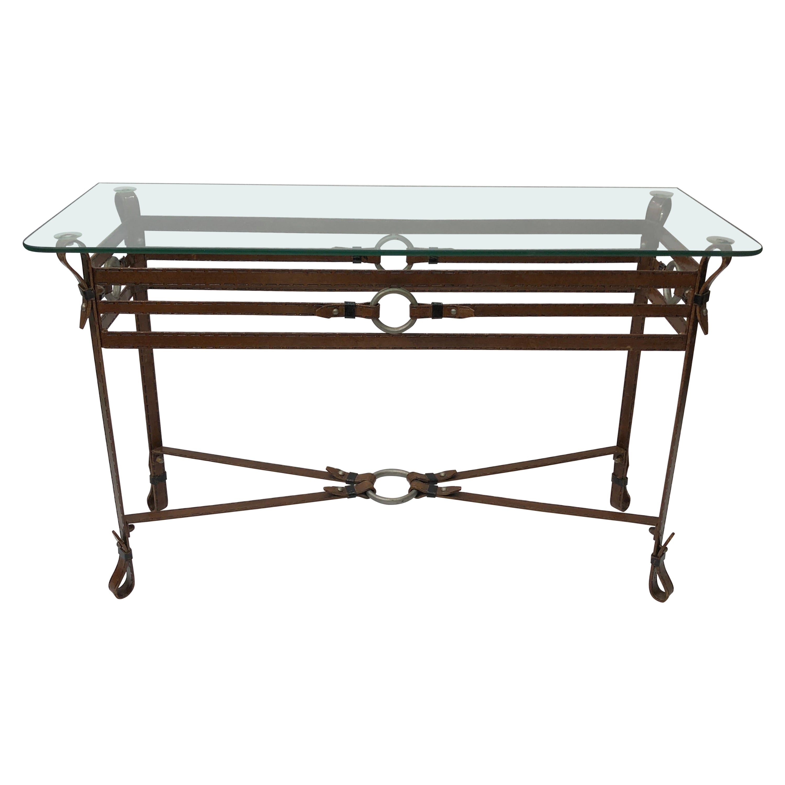 Jacques Adnet Style Iron Leather Console Table Glass Metal 1970s Mid-Century For Sale