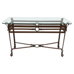 Jacques Adnet Style Iron Leather Console Table Glass Metal 1970s Mid-Century
