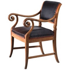 Oak Empire Style Chair with Scrolled Armrests, Denmark, 19th Century