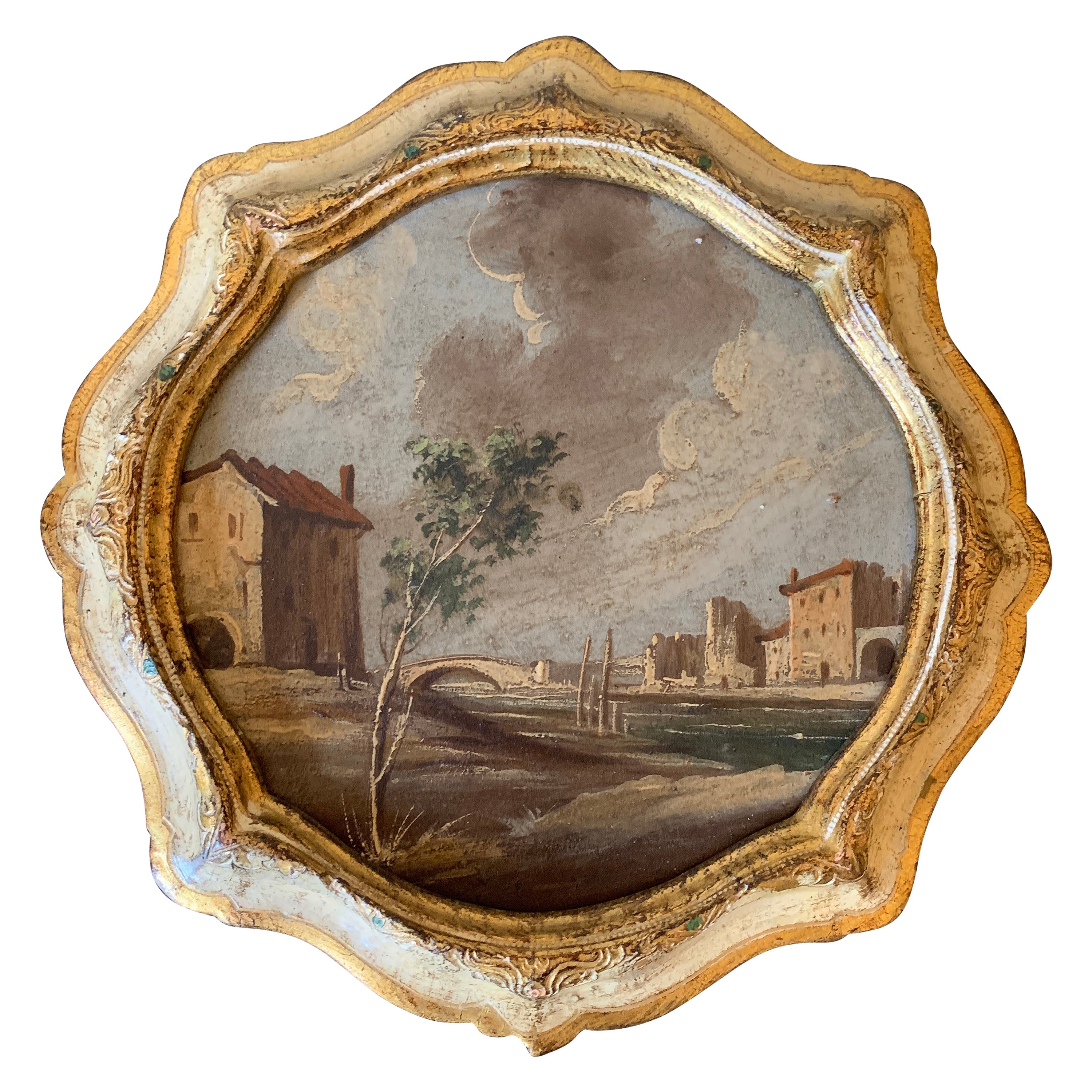 Huile sur toile italienne vintage encadrée Capriccio représentant un paysage avec des ruines en vente