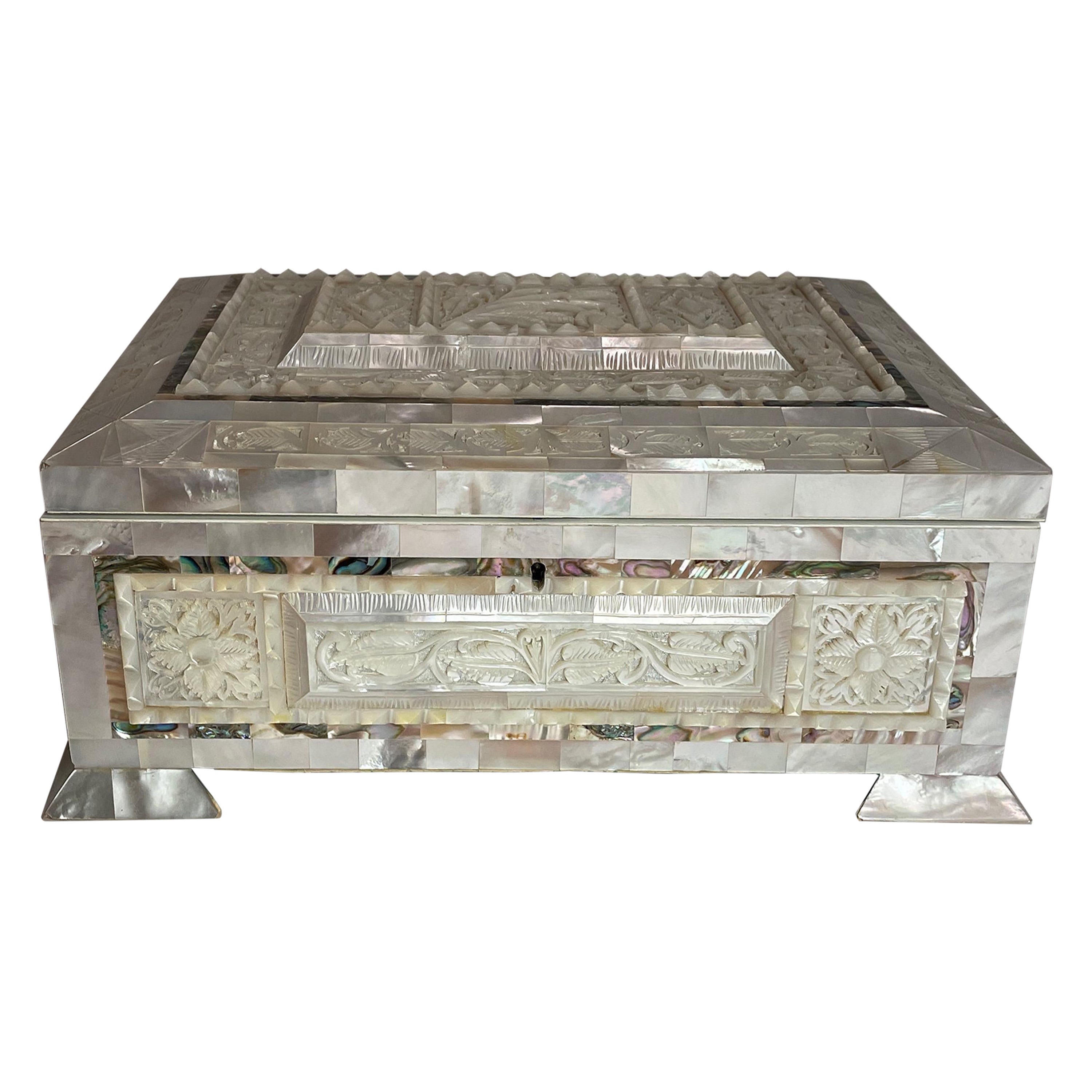 English Mother of Pearl carved casket box with abalone inlay For Sale