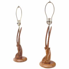 Vintage Pair of Sculptural Carved Wood Gazelle Motive Walnut Table Lamps