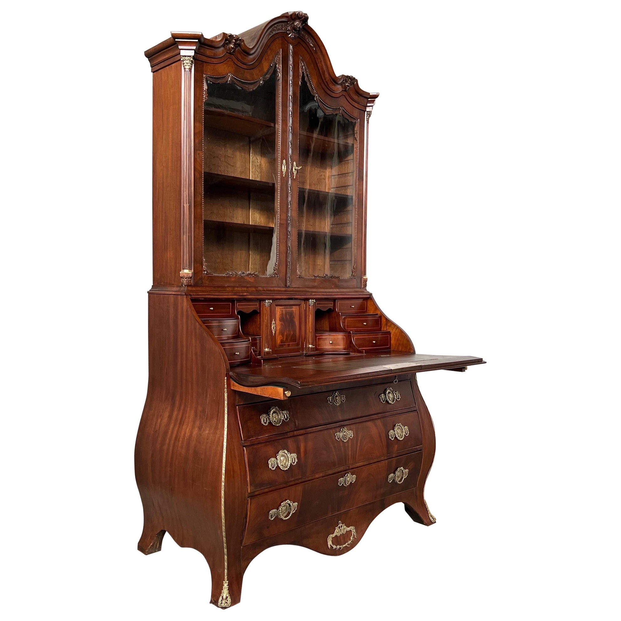Dutch 18th century Cuban mahogany bombé writing cabinet with glass upstand.  For Sale