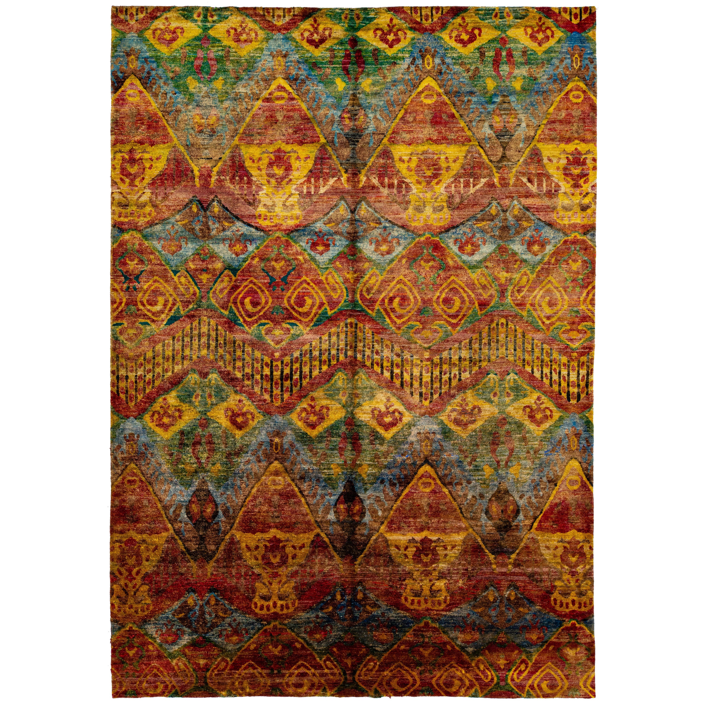 Rust Modern Bidjar Style Wool & Silk Rug Handmade Geometric Pattern