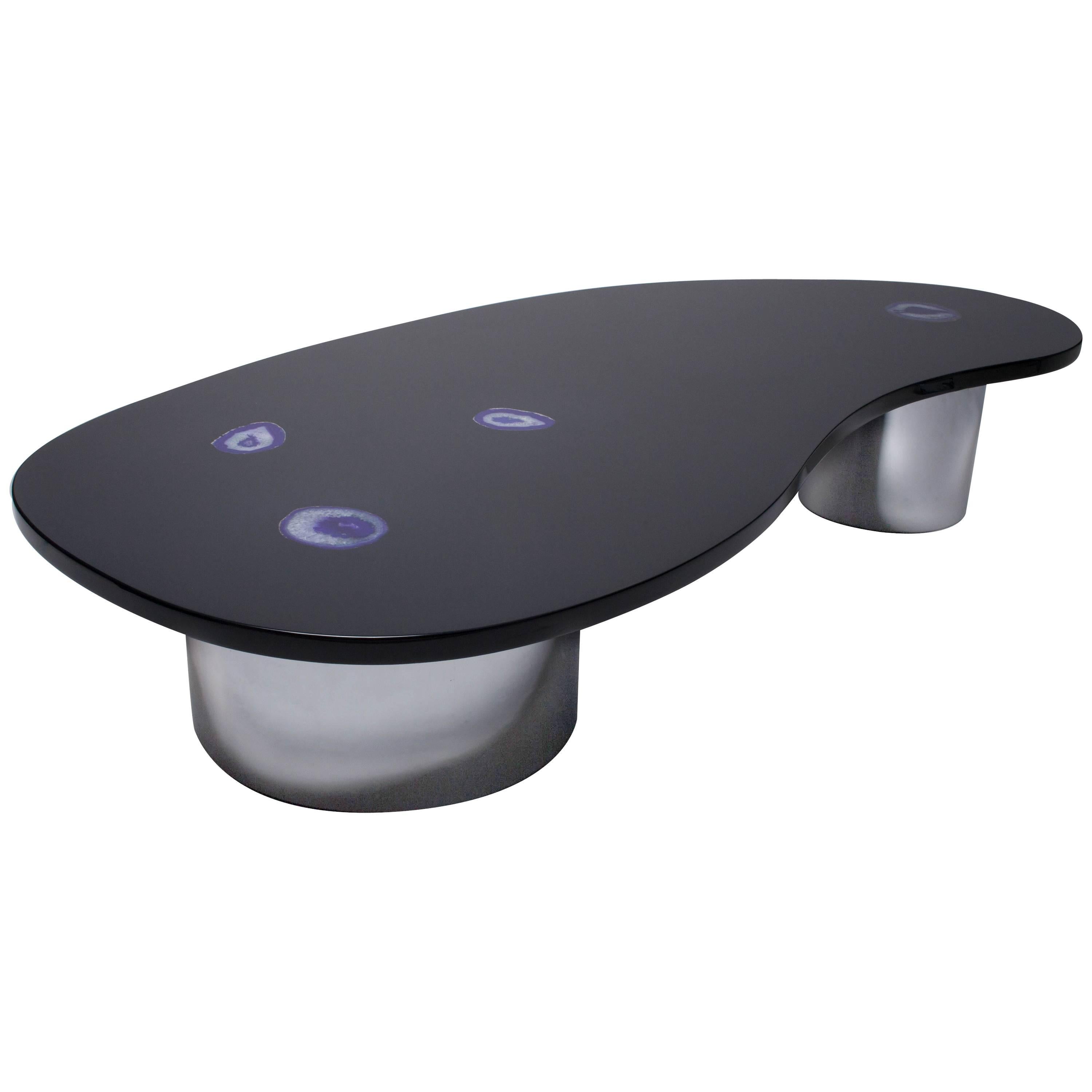 Coffee Table by Frederic DAD in Black Lacquer and Agathe Stone For Sale