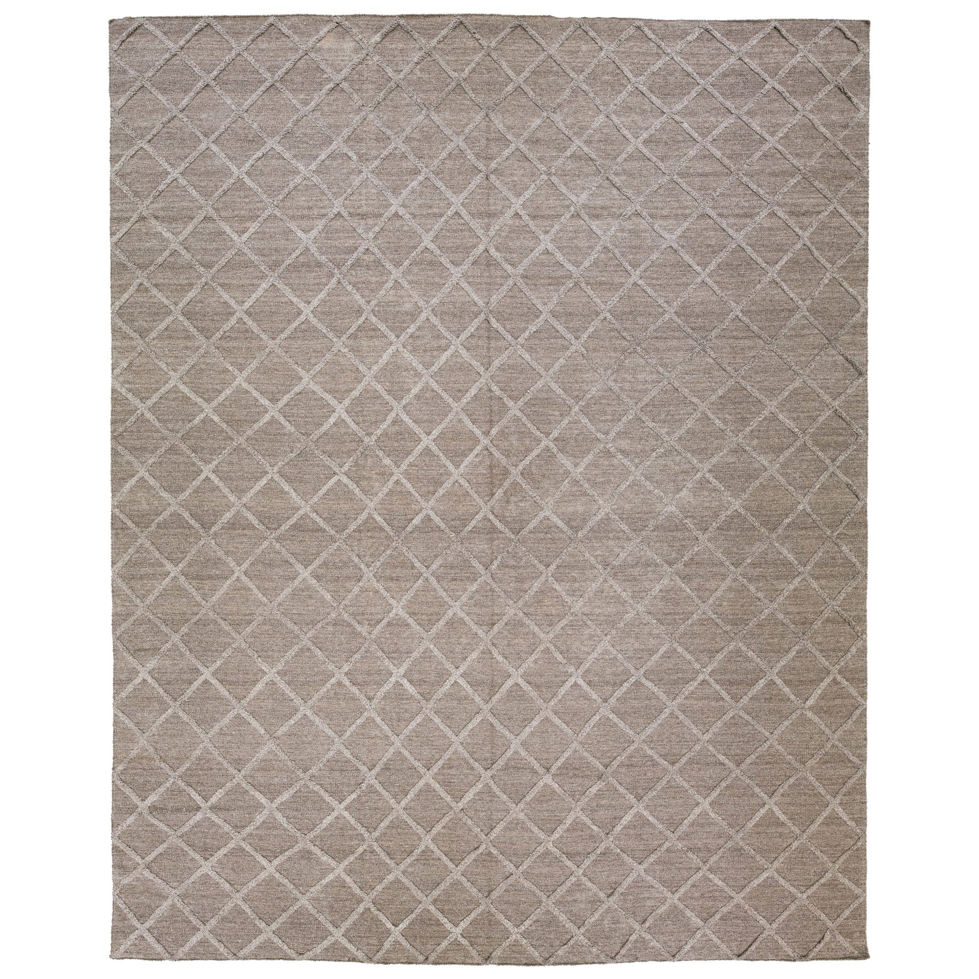 High-Low Contemporary Flaweave Kilim Wool Rug With Trellis Design In Brown For Sale