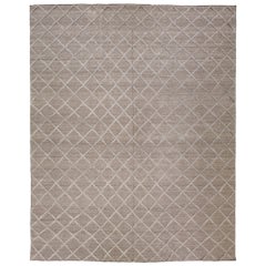 High-Low Contemporary Flaweave Kilim Wool Rug With Trellis Design In Brown