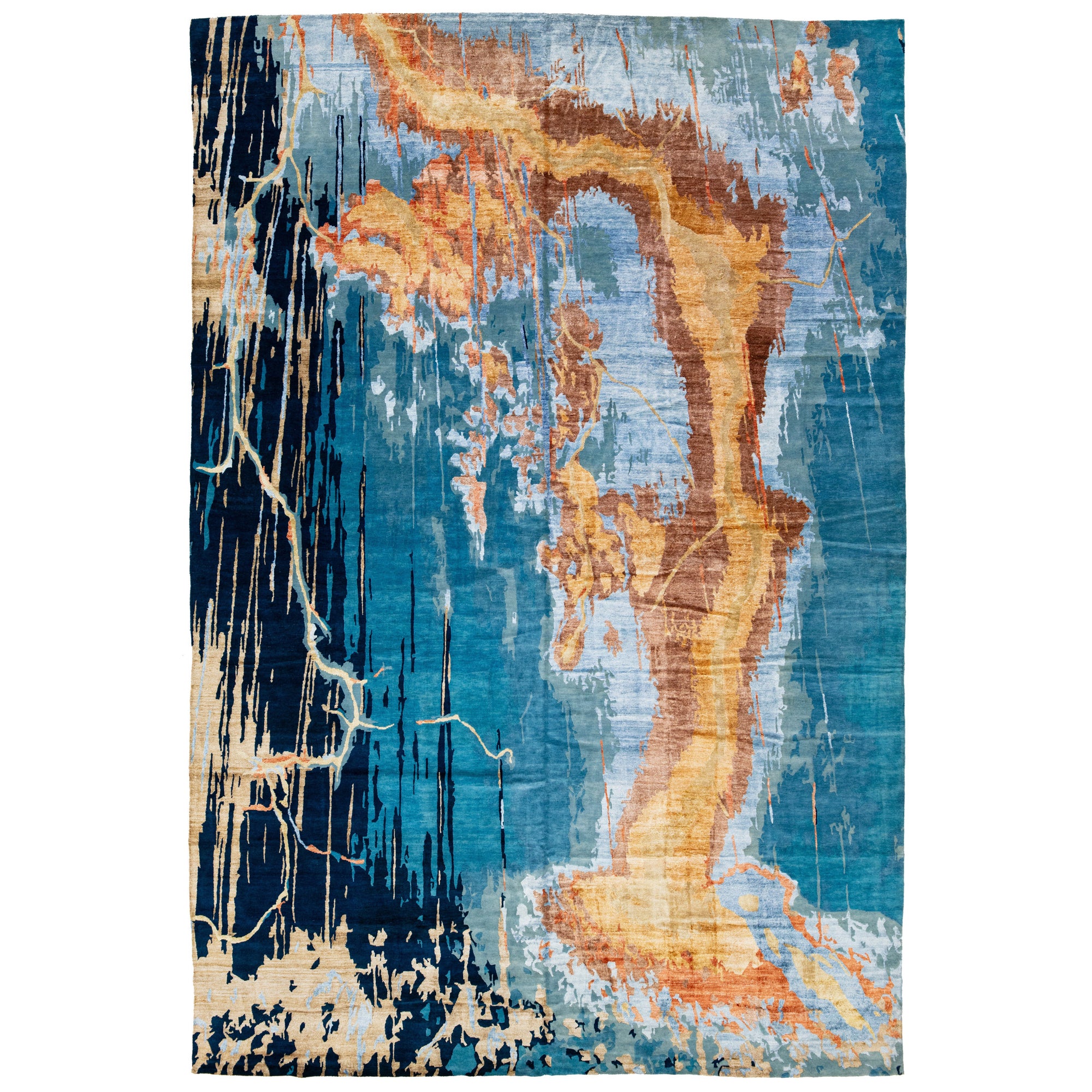 Oversized Modern Handmade Texture Wool & Silk Rug With Abstract Design In Blue For Sale