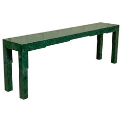 Monumental Asian Modern James Mont Style Faux Malachite Lacquered Console Table 