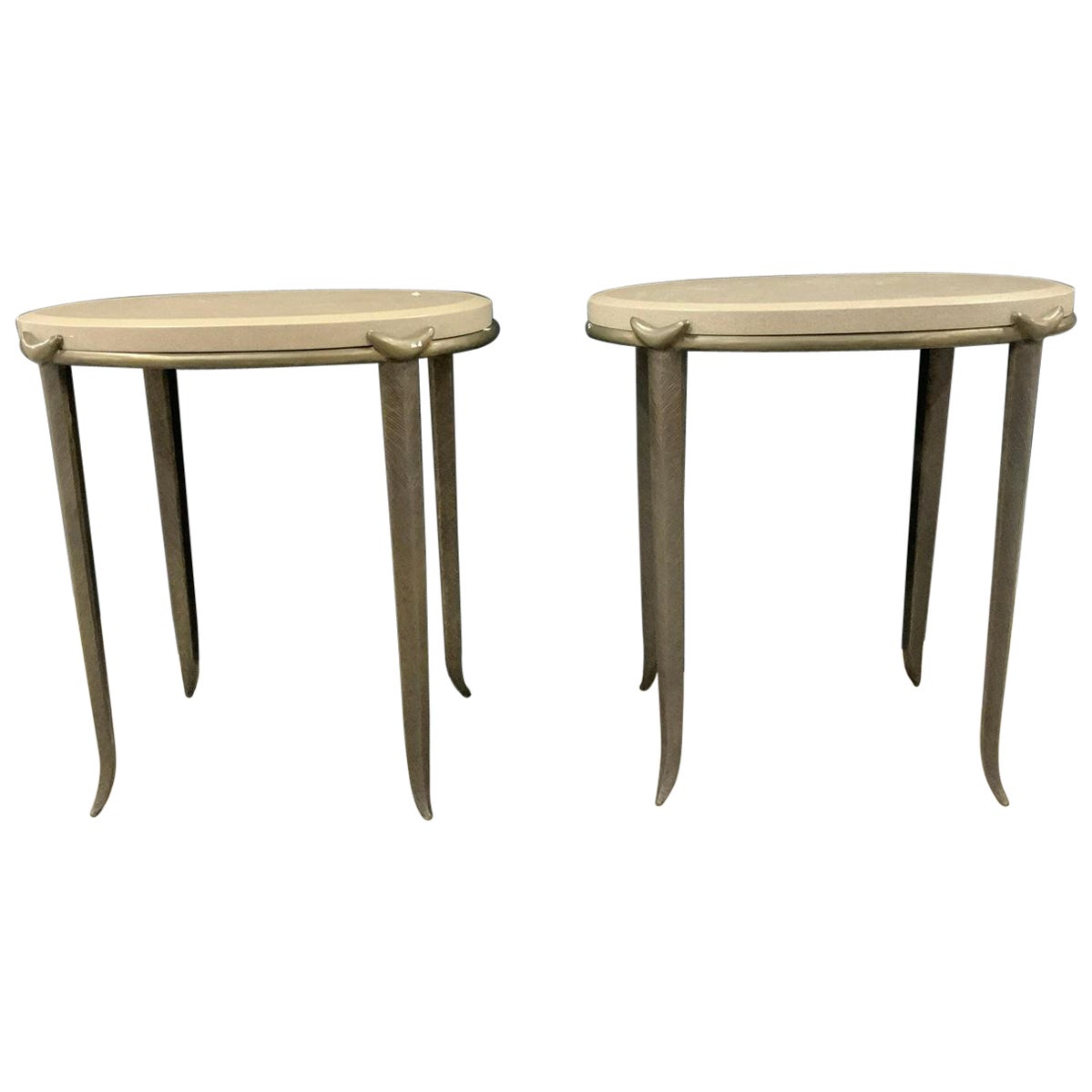 Pair of 27” Tall Bronze and Indiana Limestone Tables By Tom Corbin. 