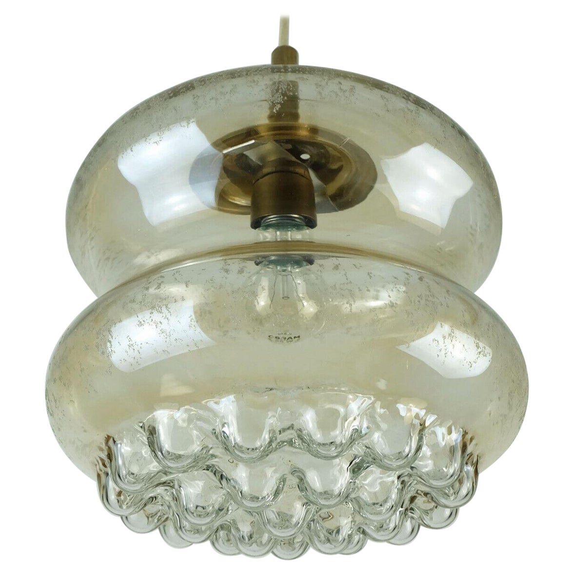 1960's mid century PENDANT LIGHT bubble amber glass and brass  For Sale