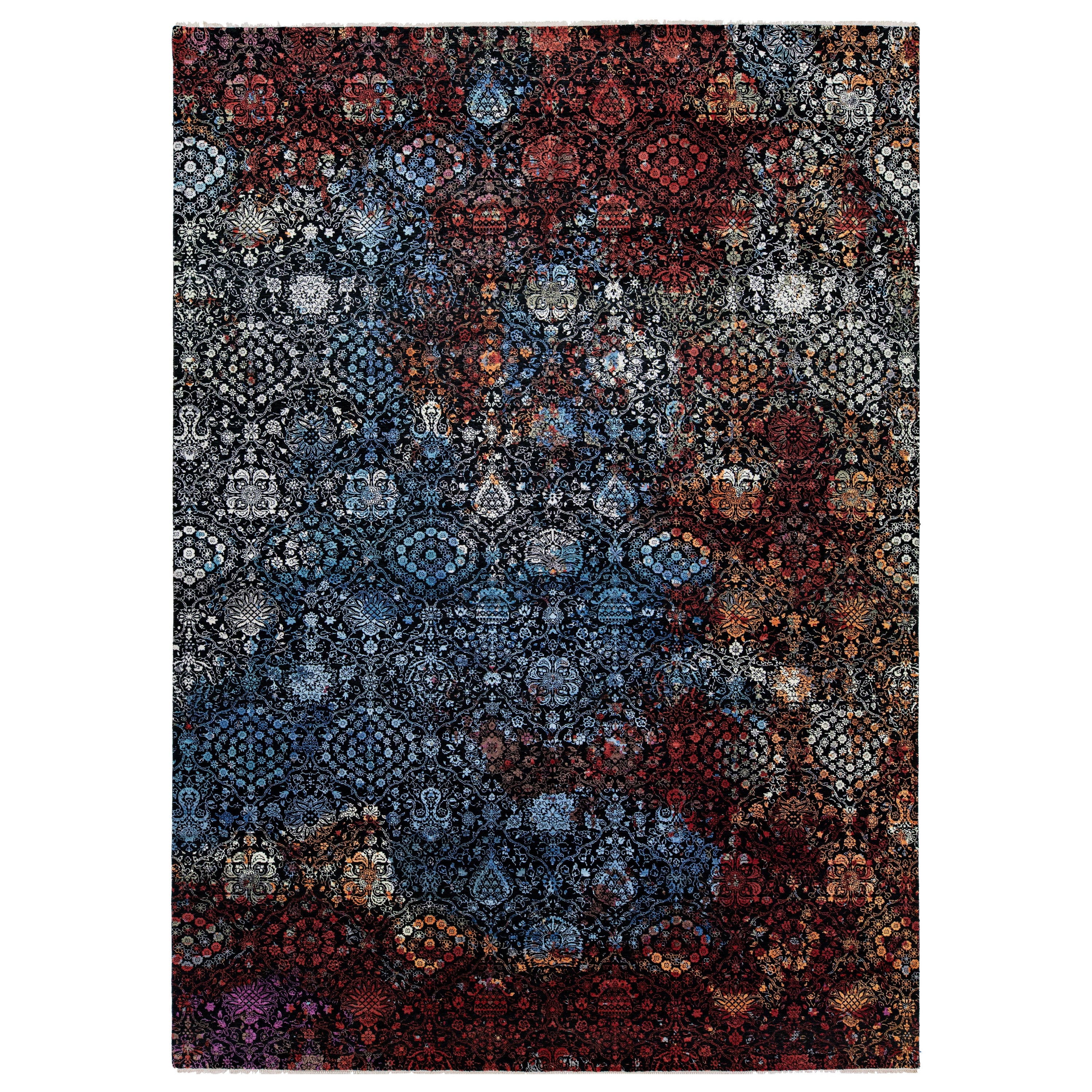 Allover Transitional Room Size Black Wool Rug  Designed In Blue & Red Colors 