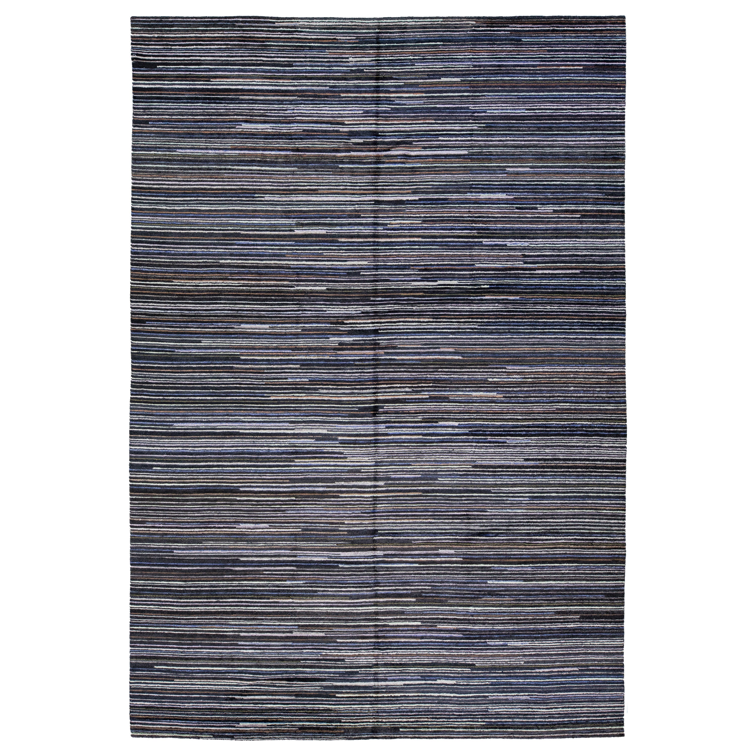 Black and Gray Modern Indian Wool Rug Features a Striped Design For Sale