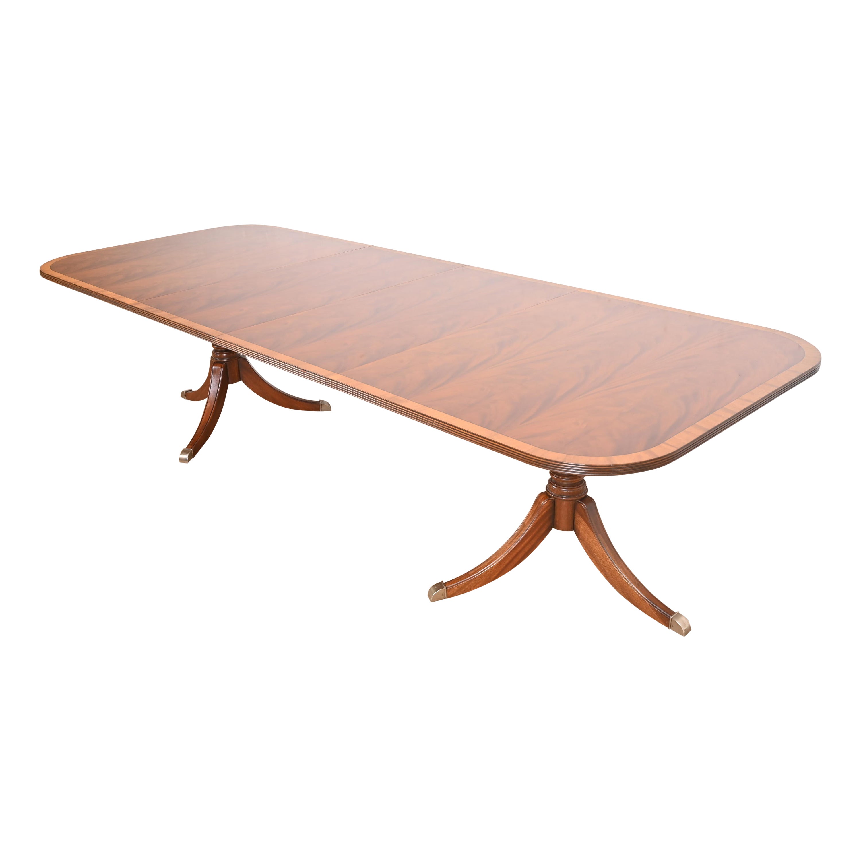 Georgian Banded Flame Mahogany Double Pedestal Extension Dining Table For Sale
