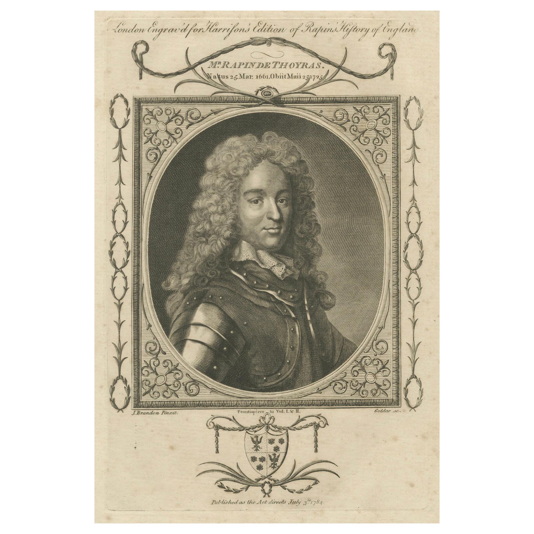 Autentico ritratto inciso del 1784 dello storico Rapin de Thoyras