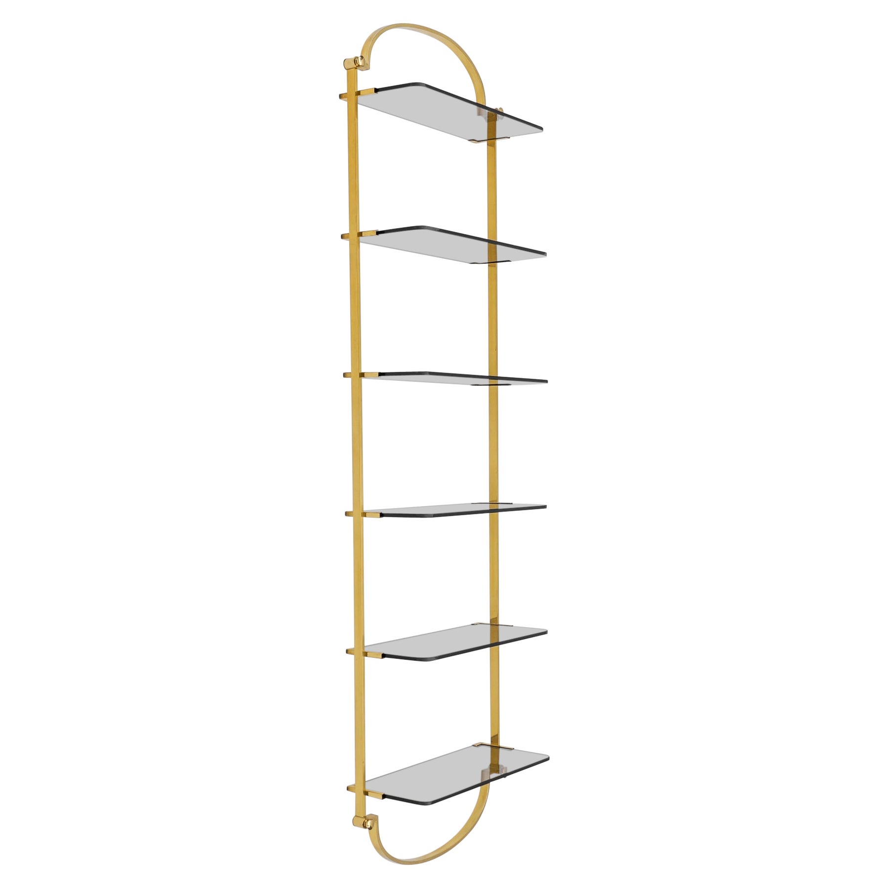 Golden wall shelf with six smoked glass shelves, Italy, 1960s For Sale