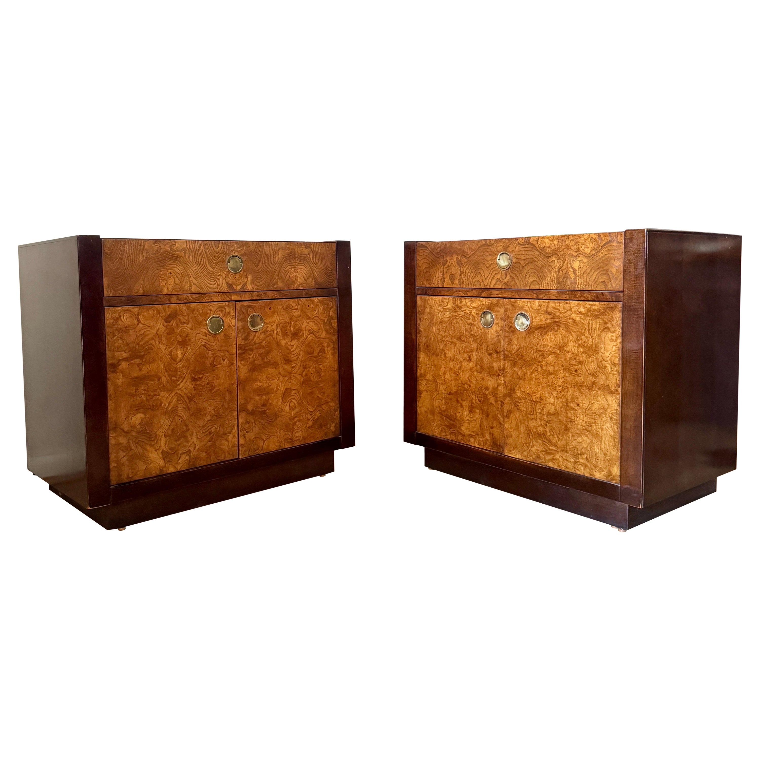 A Pair of 1970s Milo Baughman Style Burl Wood Nightstands by Century Furniture  For Sale