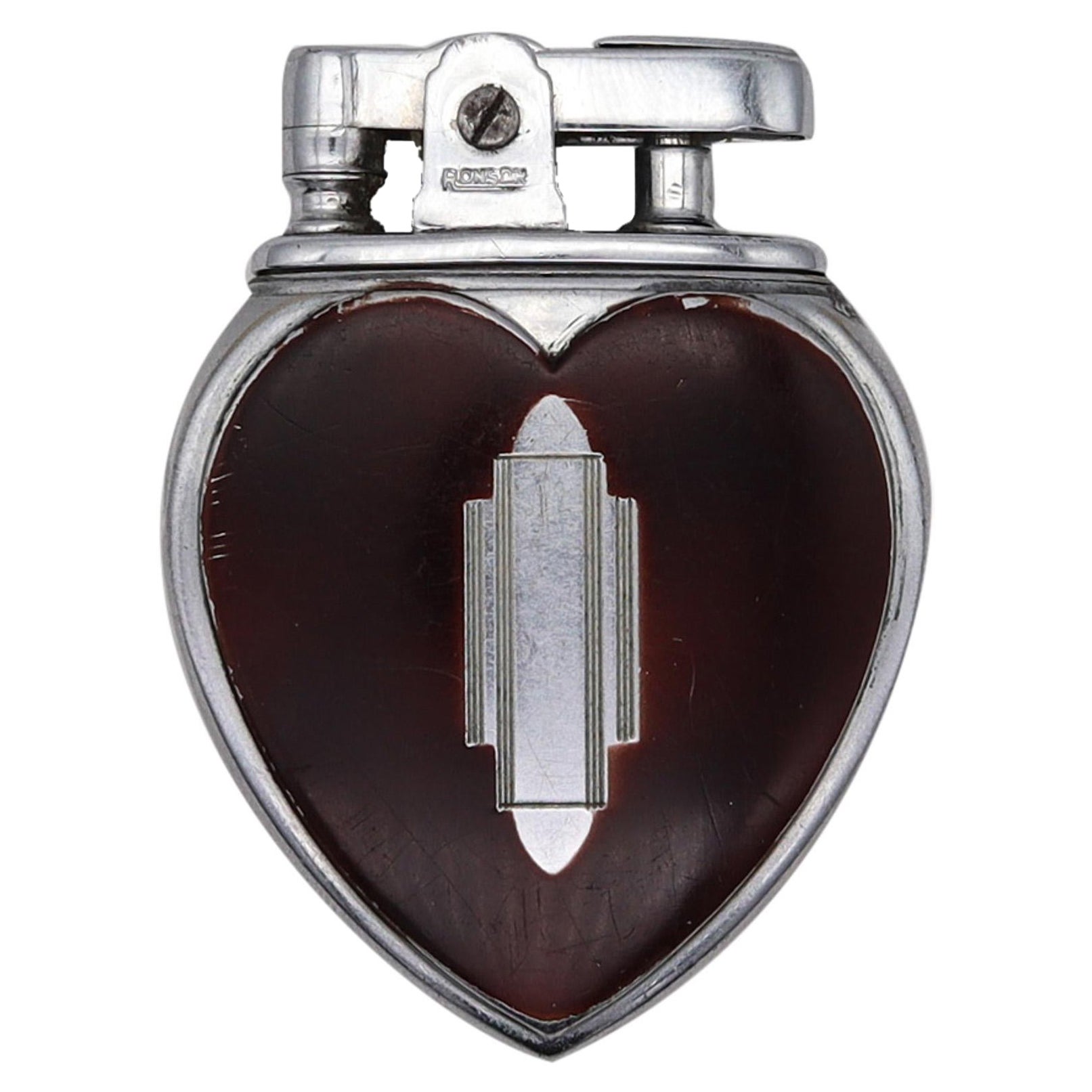 Ronson 1937 Art Deco Heart Lighter Faux Tortoise Lacquer And Chromed Steel For Sale