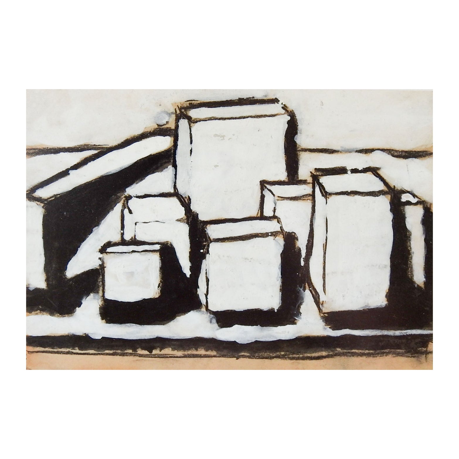 Vintage Mid Century Abstract Tan Black & White Geometric Painting For Sale