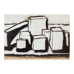 Peinture géométrique abstraite vintage du milieu du siècle Tan noir et blanc