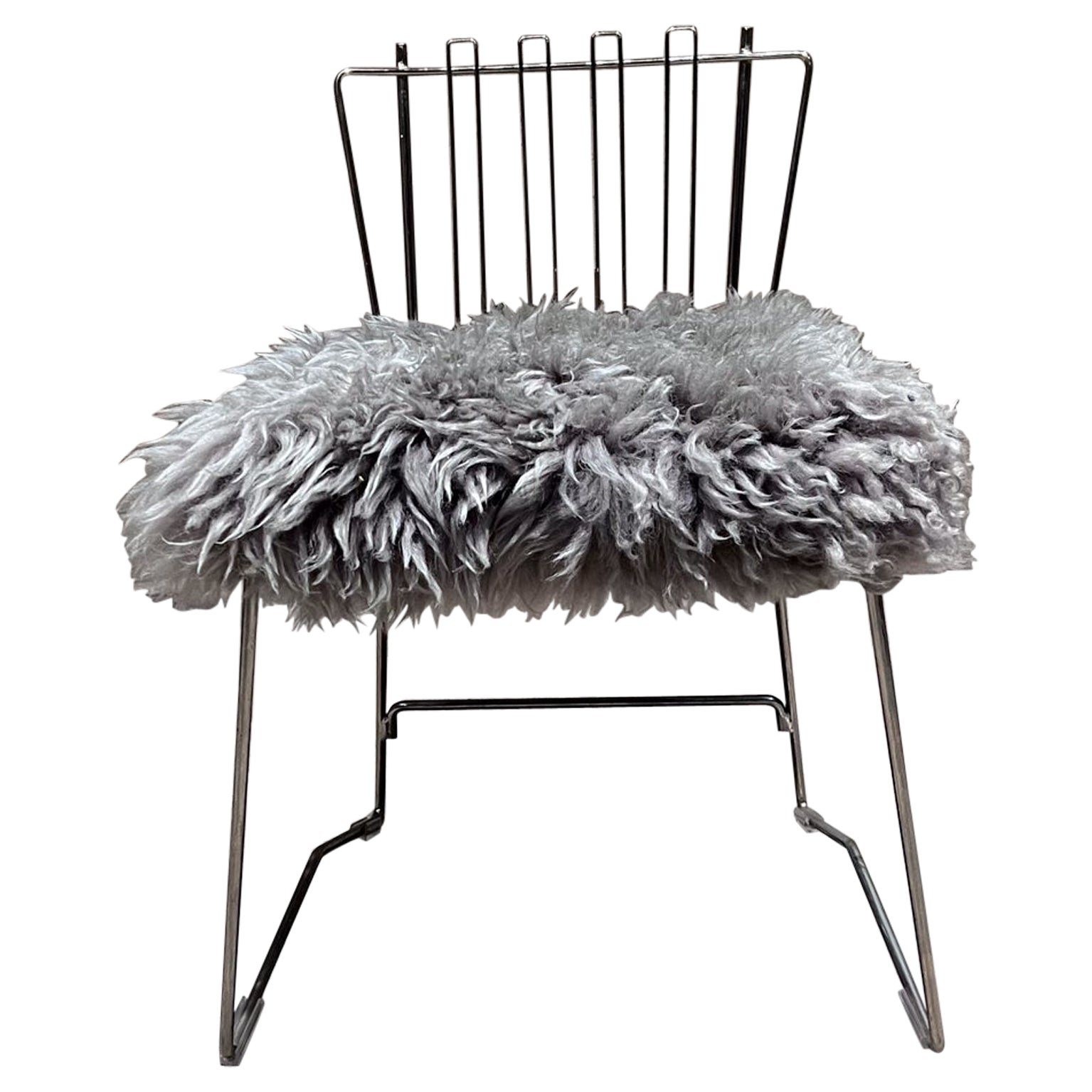 Folding Brass Side Chair Furry Gray Faux Lambskin im Angebot