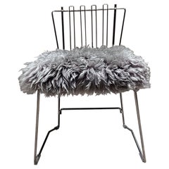 Vintage Folding Brass Side Chair Furry Gray Faux Lambskin