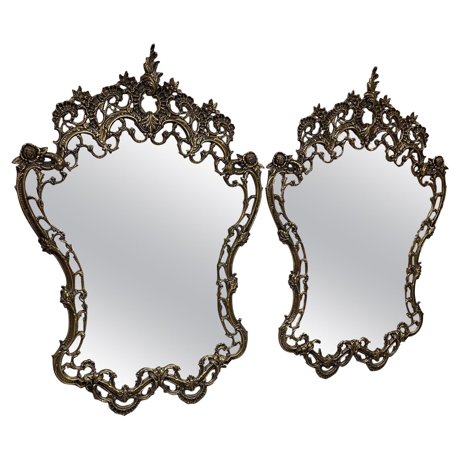 Vintage Pair of French Rococo Style Mirrors Brass Frames    For Sale