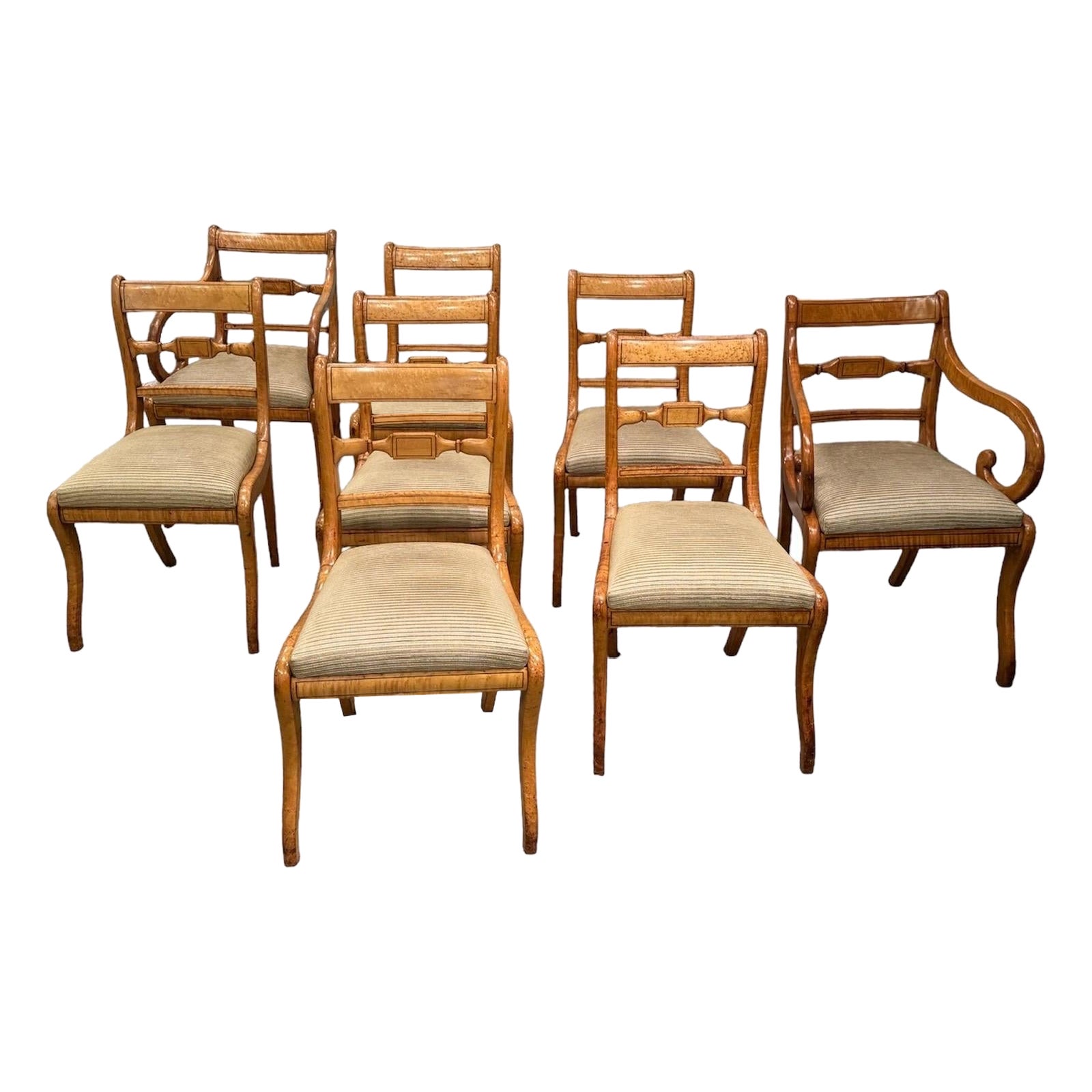 8 Regency Dining Chairs 
Tiger Maple, and birdseye maple 