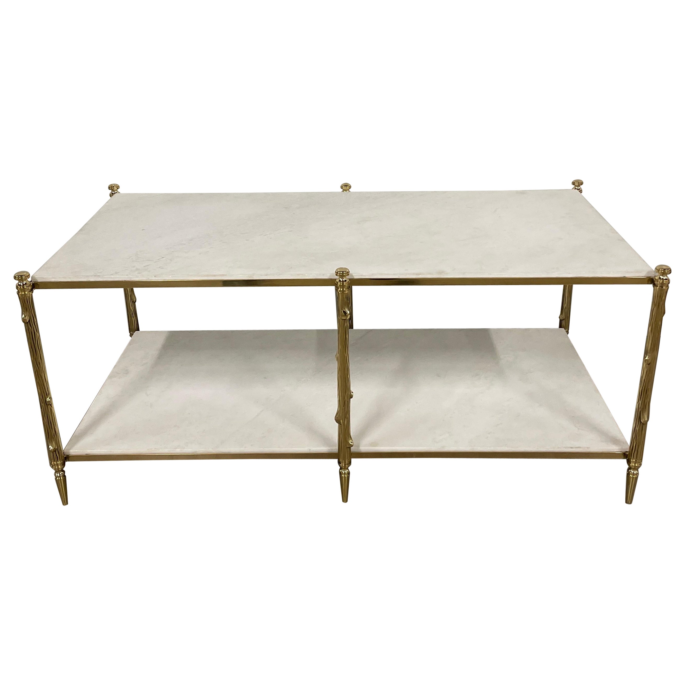 Polished Brass Faux Bois Two-Tiered Cocktail Table  For Sale