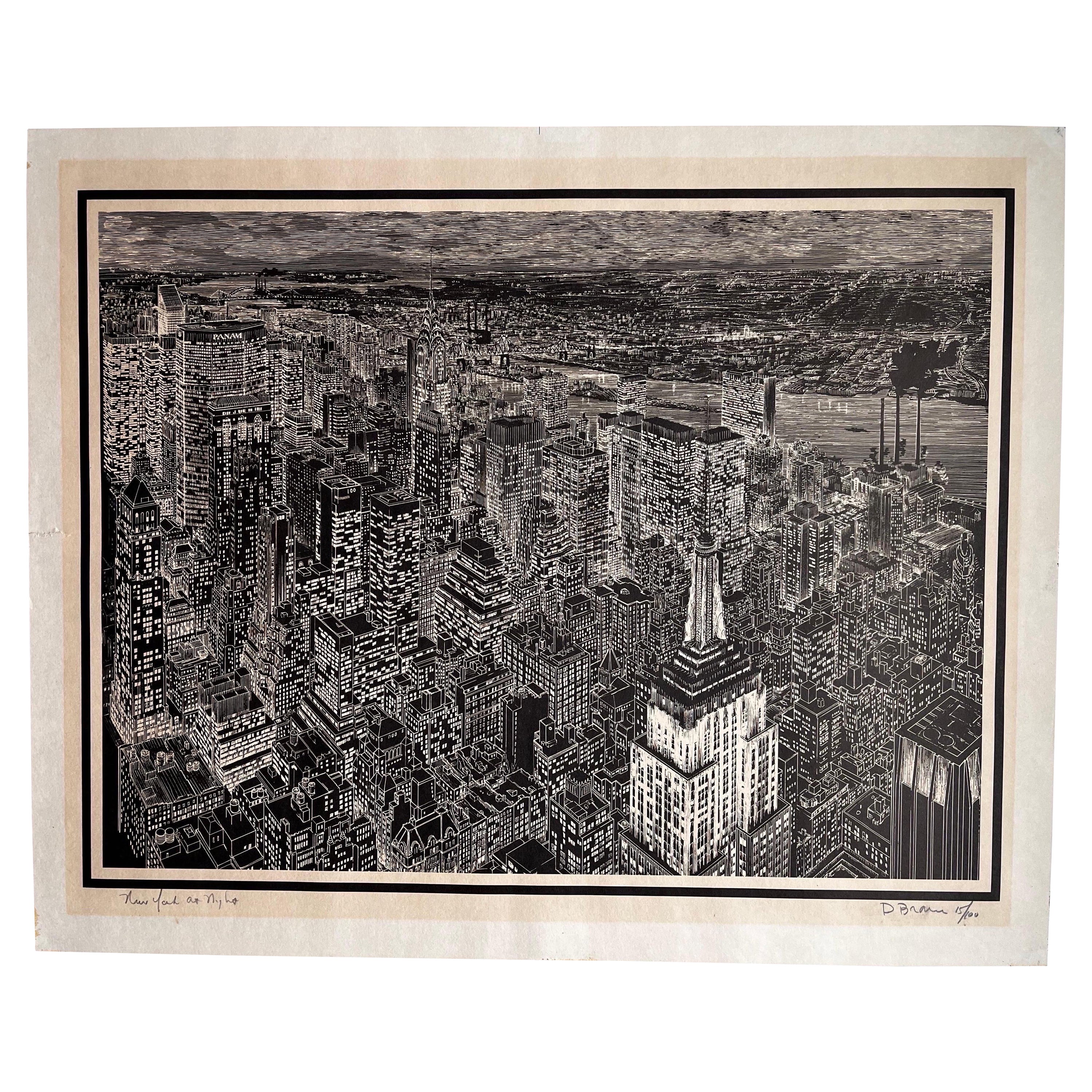 "New York at Night" print signed D. Braun, circa 1979
