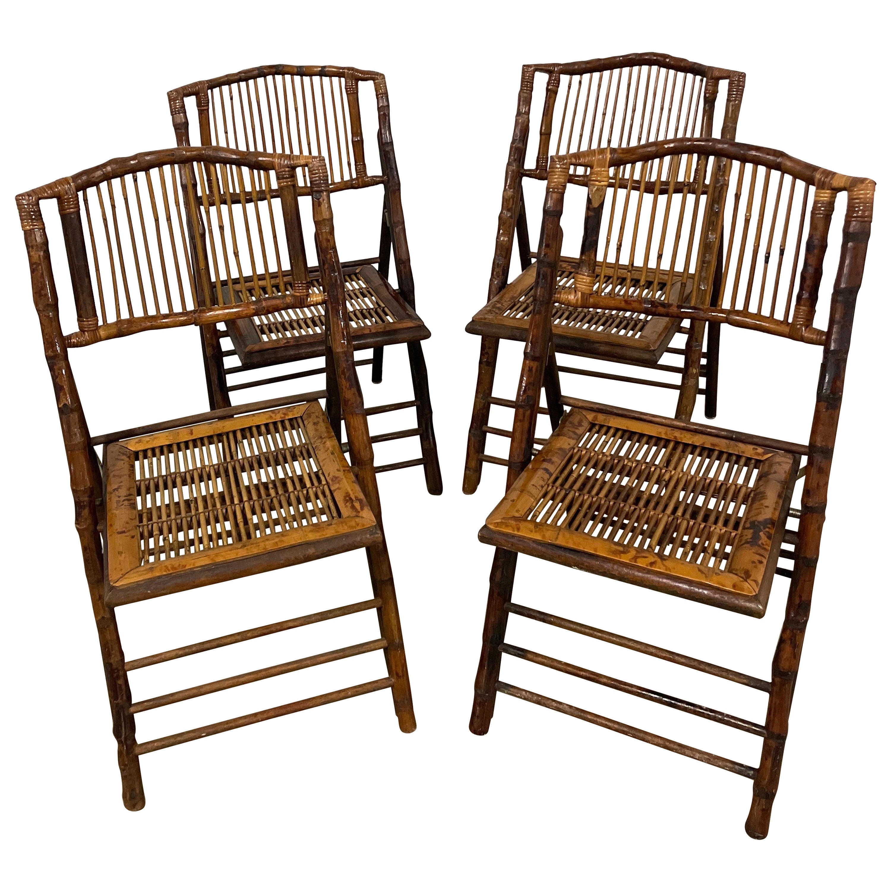 Set of Four Burnt Bamboo Tortoise Folding Chairs For Sale