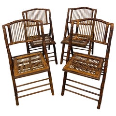 Vintage Set of Four Burnt Bamboo Tortoise Folding Chairs