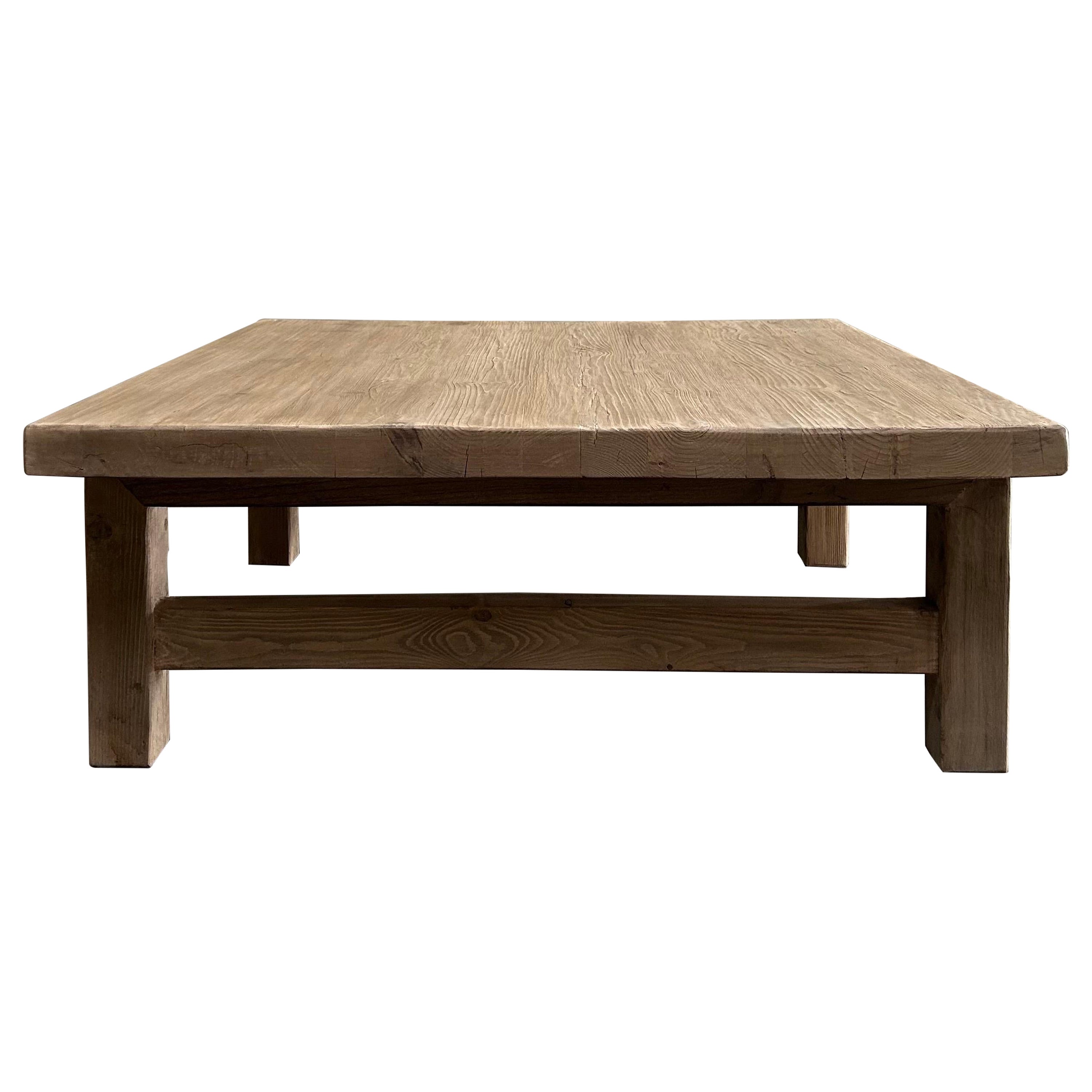 Custom Made Reclaimed Elm Wood Square Coffee Table For Sale