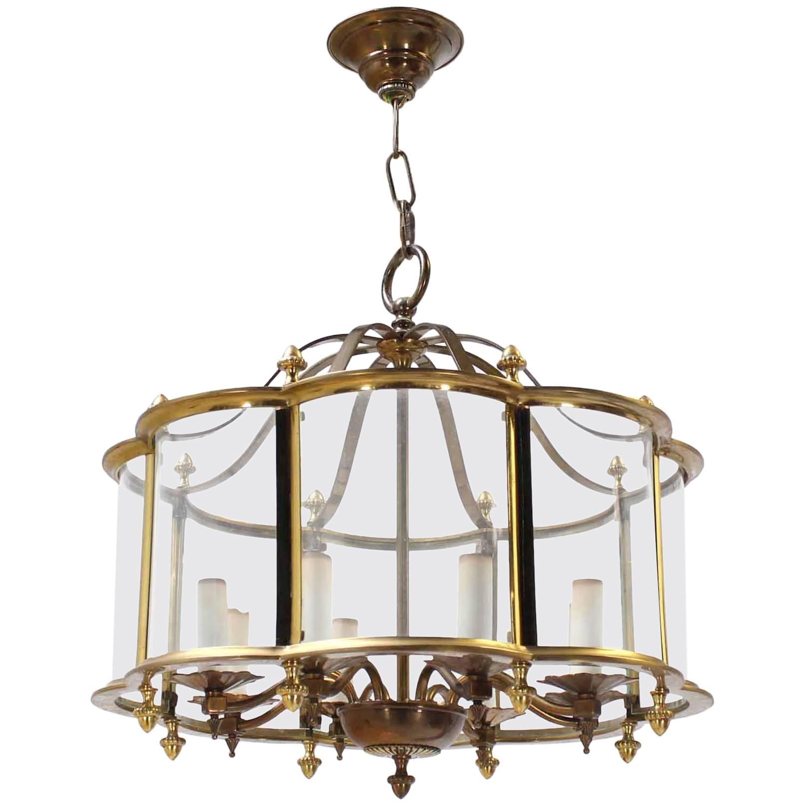 Mid Century Brass Chandelier with Curved Glass Shade