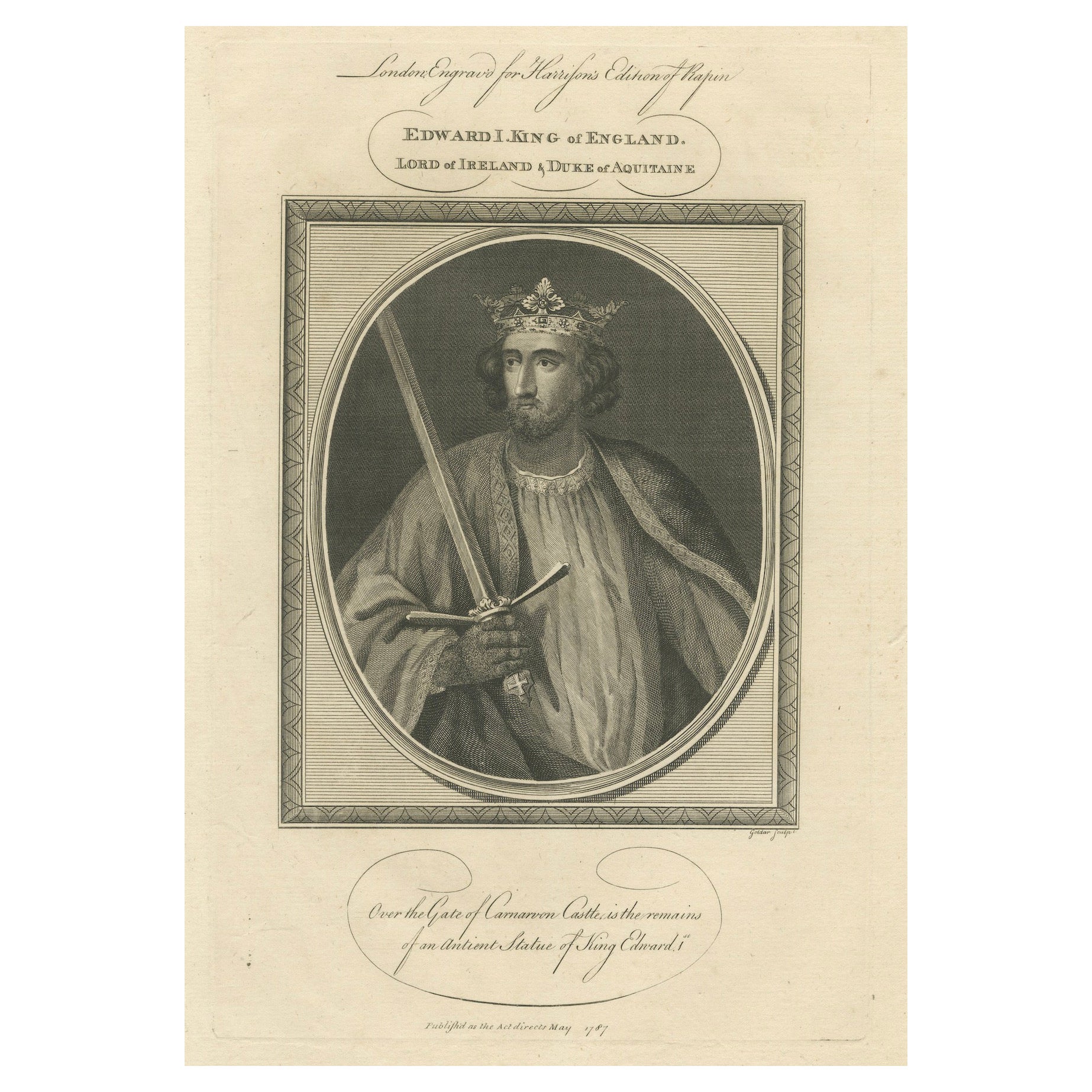 1787 Engraved Portrait of King Edward I - Hammer of the Scots For Sale