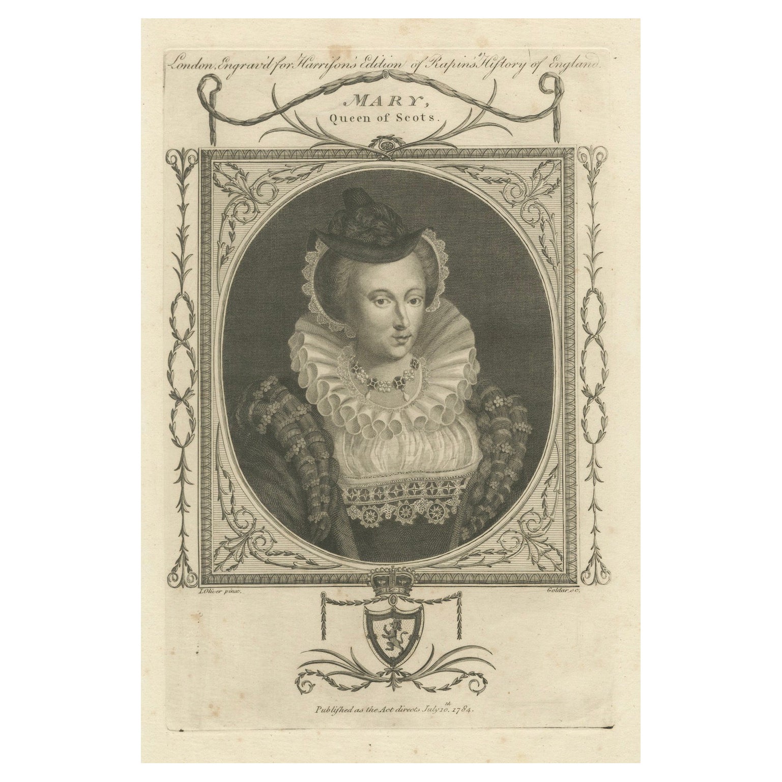 1784 Elegance gravée de Marie, reine d'Écosse - Monarque tragique