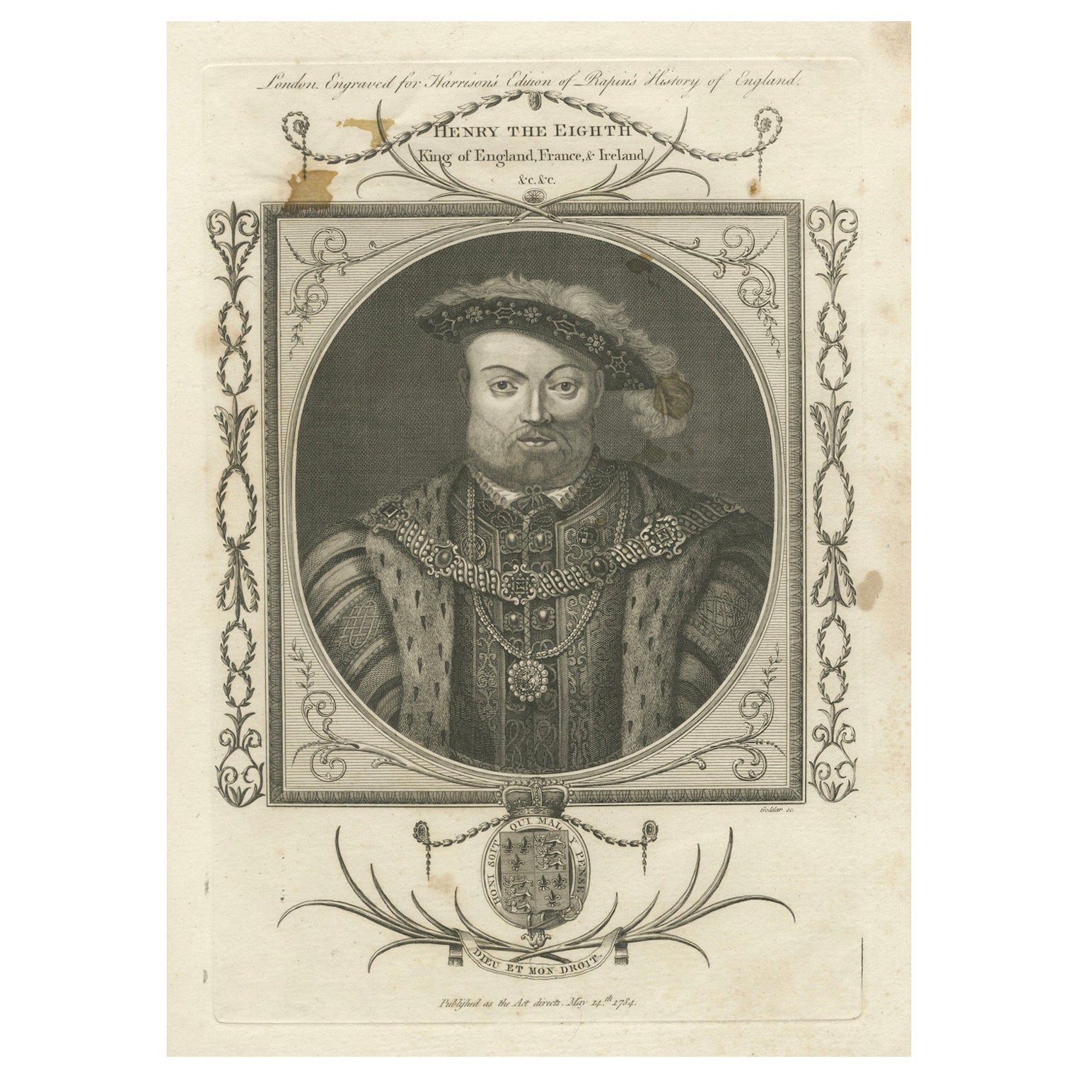 1784 Engraved Portrait of Henry VIII - Tudor Power and Prestige For Sale