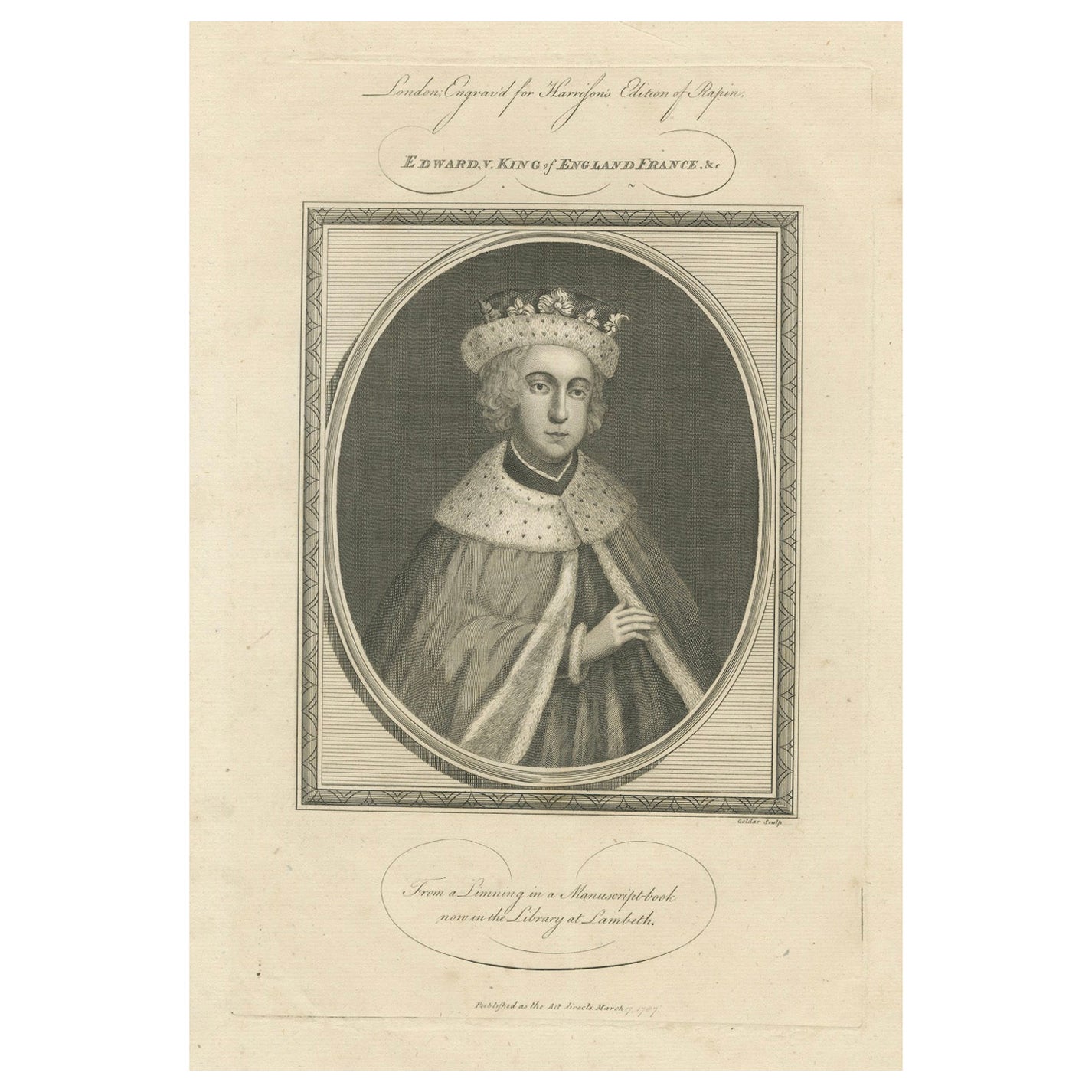 1797 Engraved Portrait of Young King Edward VI - Reformation Leader For Sale