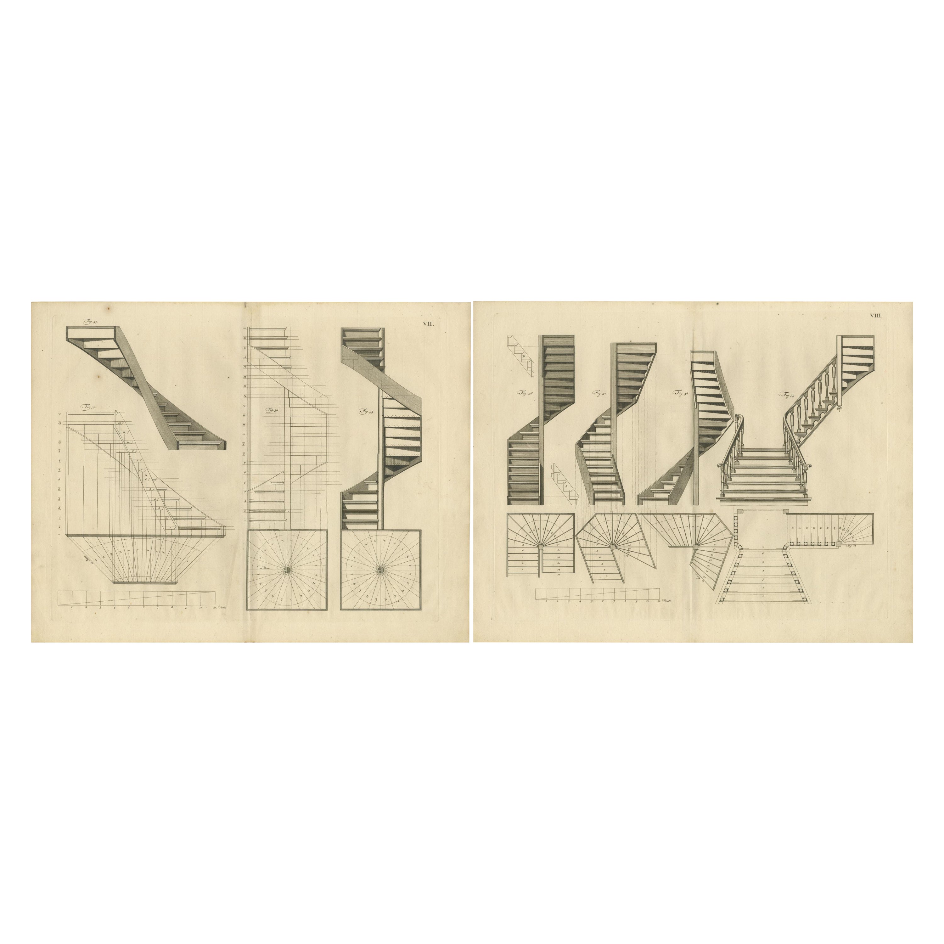 Architectural Precision: 18th-Century Staircase Engravings, 1739 For Sale
