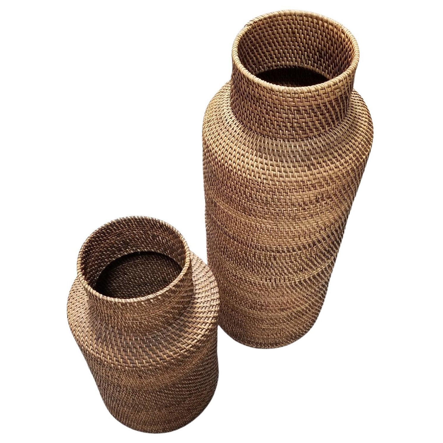 Restored Reed Rattan Wicker Decorative Vases Gabriella Crespi Styled - Pair of 2 For Sale