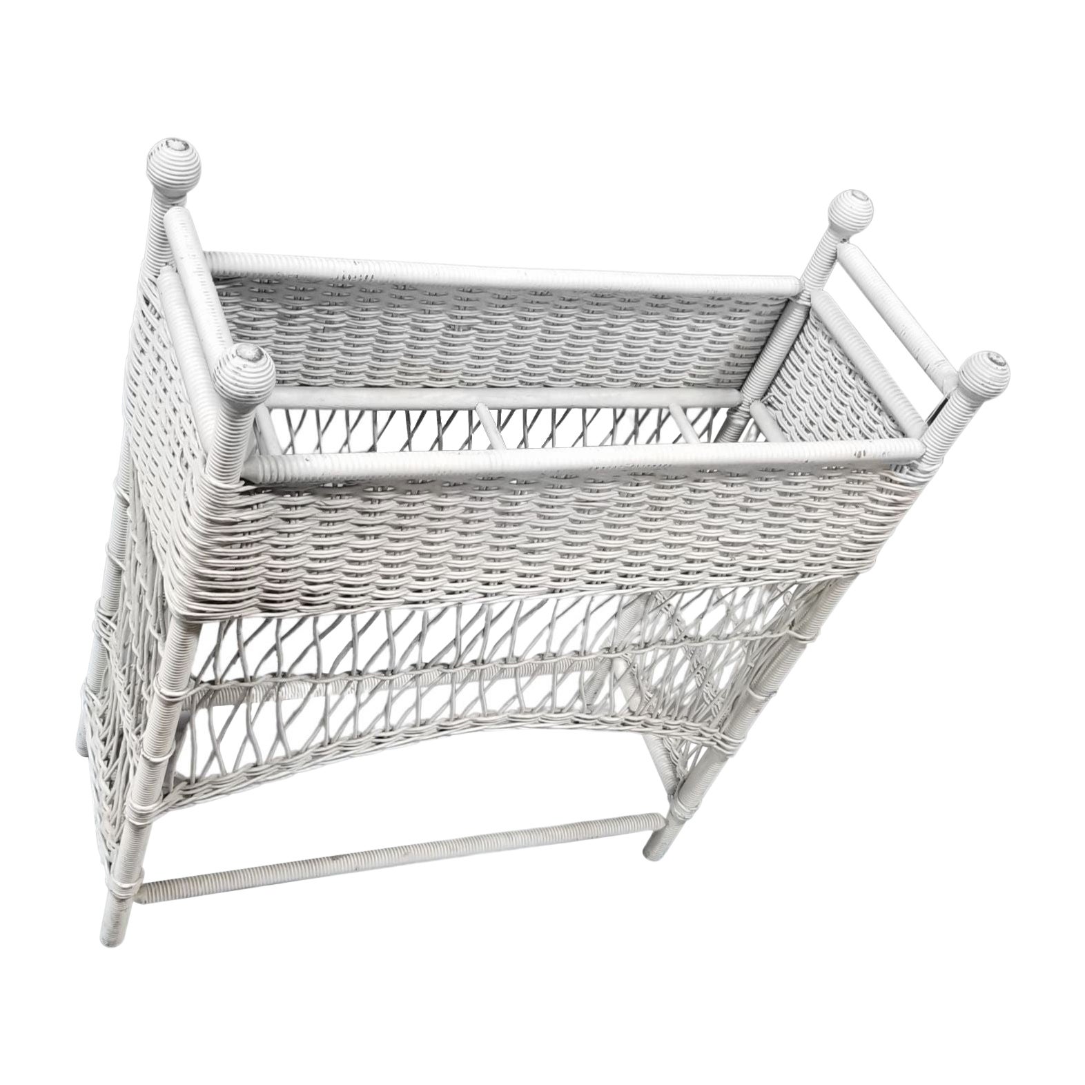 Restored White Rattan Wicker Plant Stand For Sale