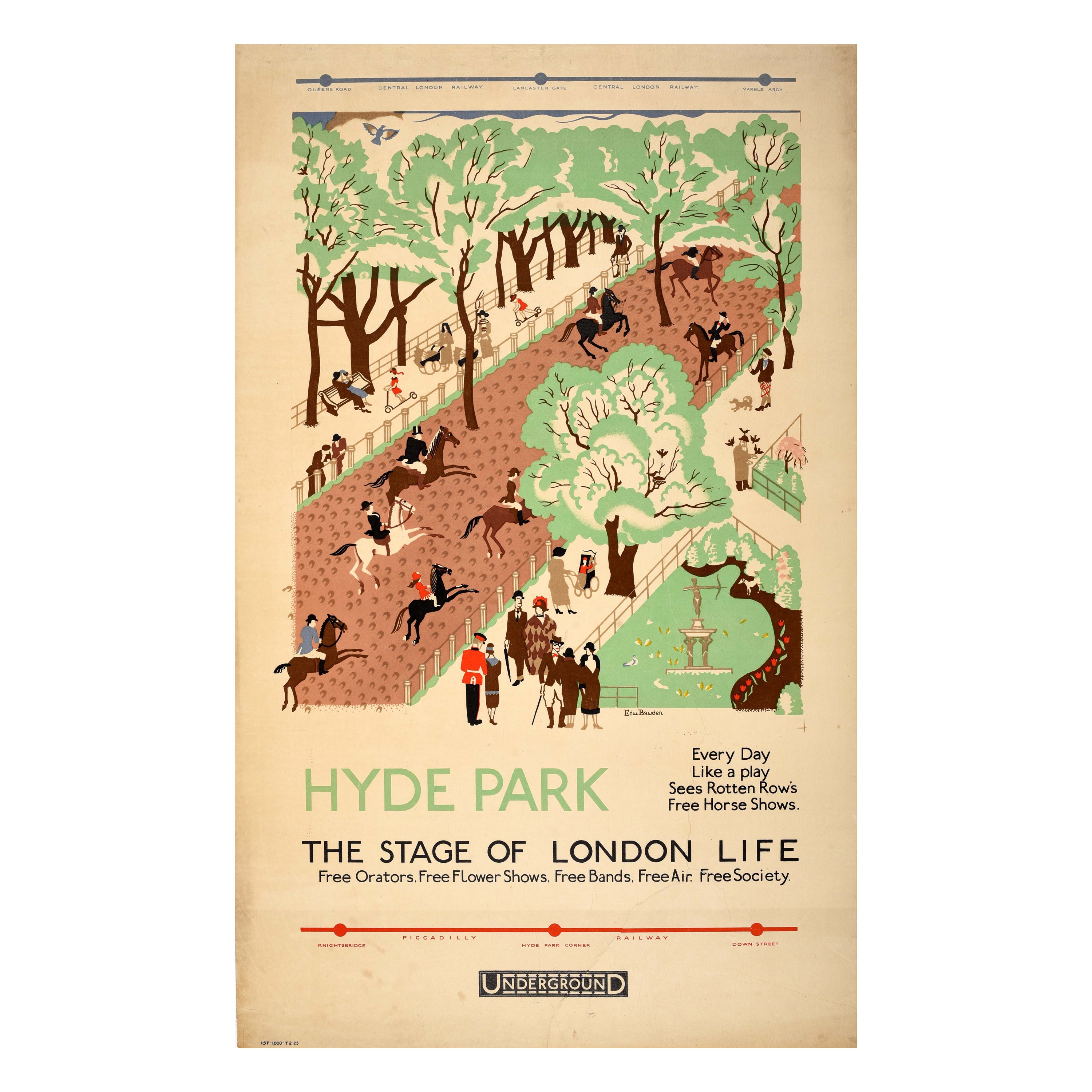 Original Antique London Underground Poster Hyde Park Stage Of London Life Bawden For Sale